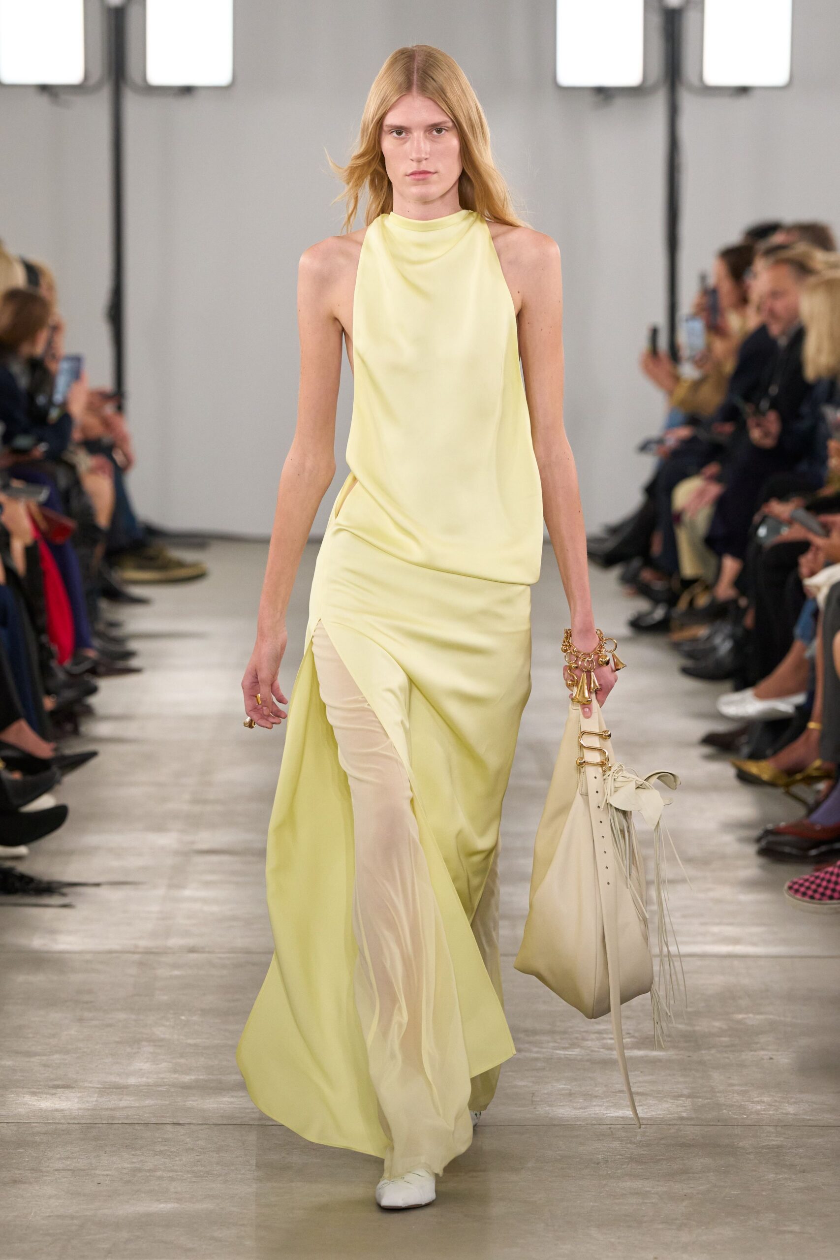 yellow silk sleeveless high-neck fitted layered flowing dress