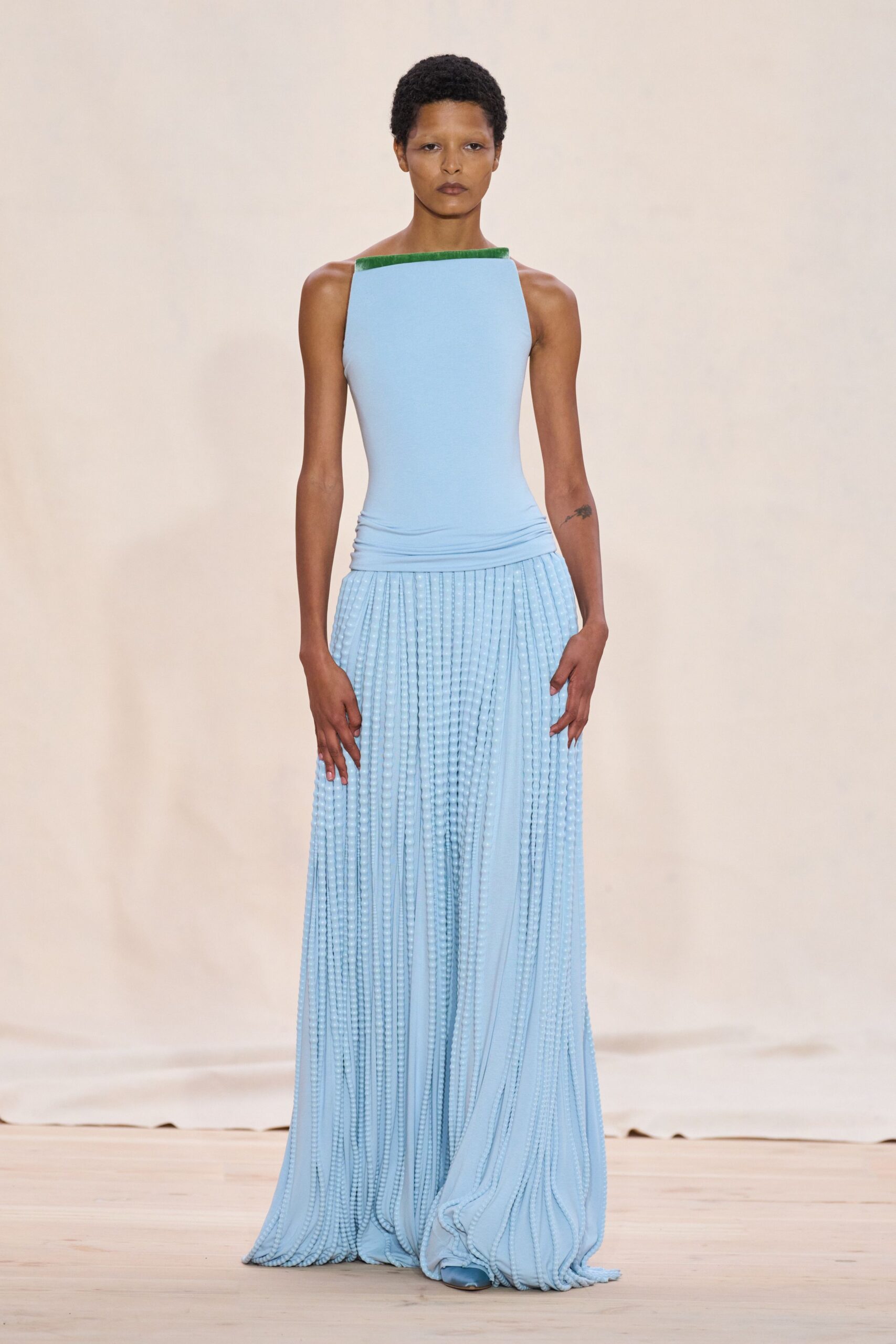 blue pleated sleeveless dress