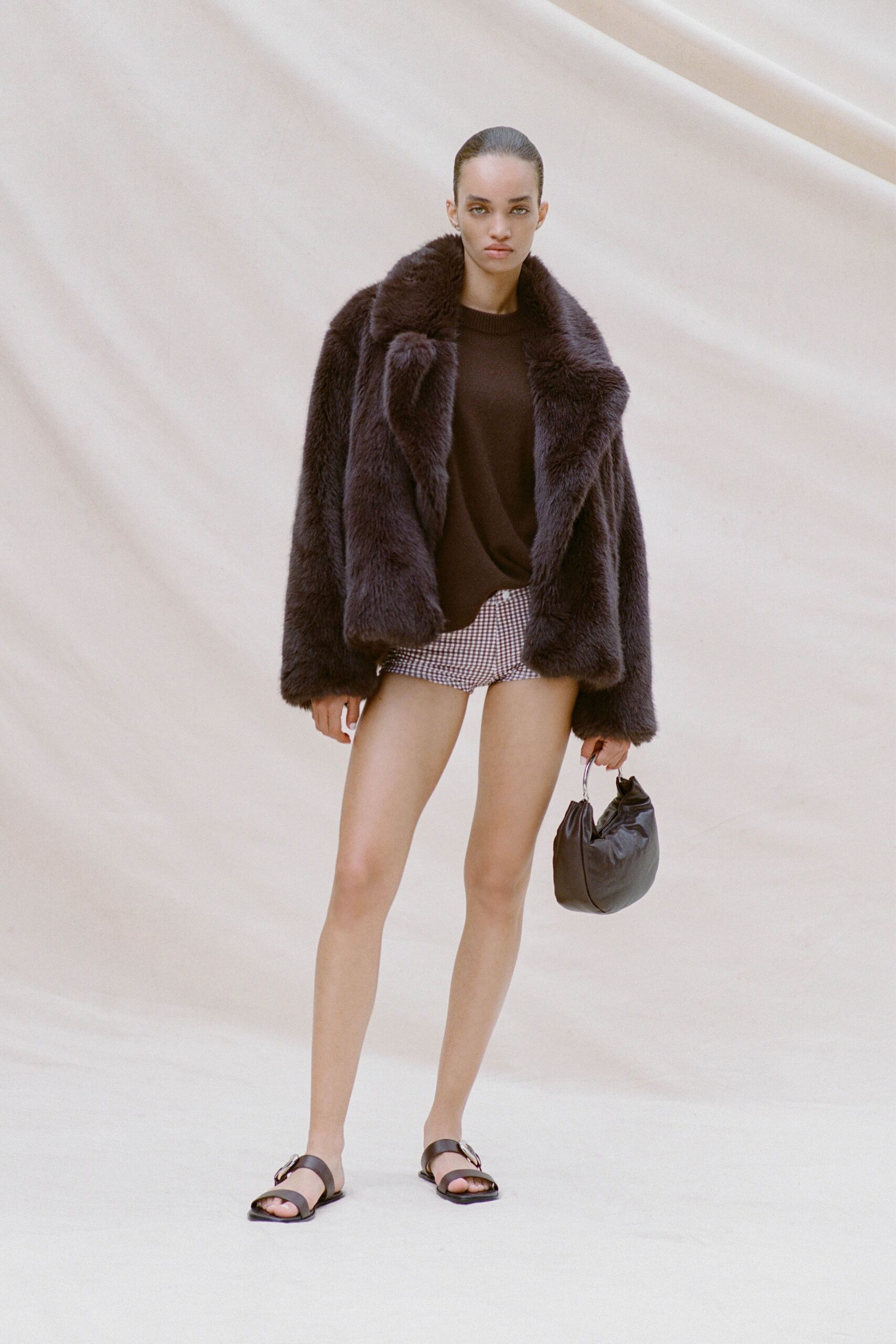 brown faux-fur long-sleeve oversized coat