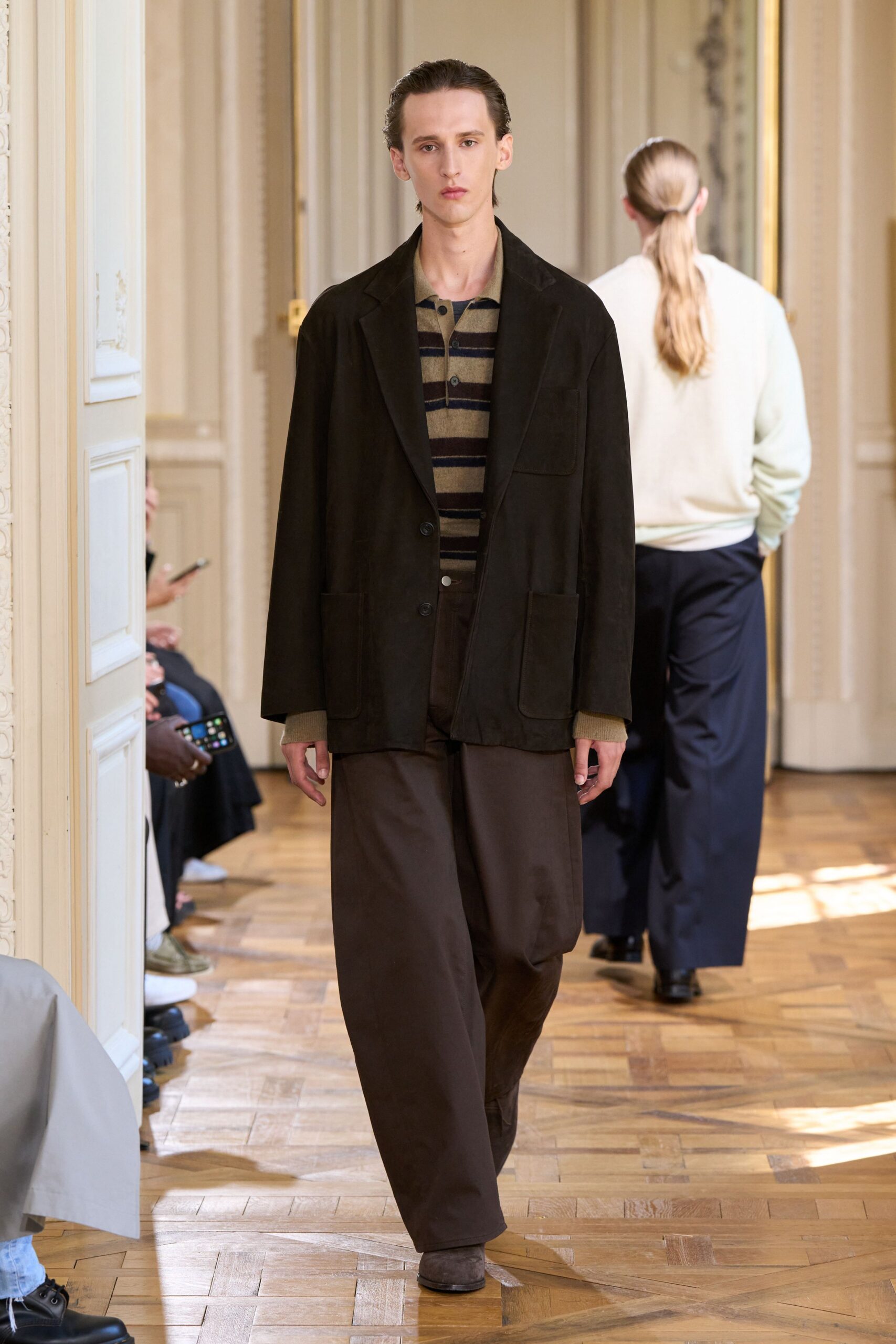 brown suede jacket with striped shirt