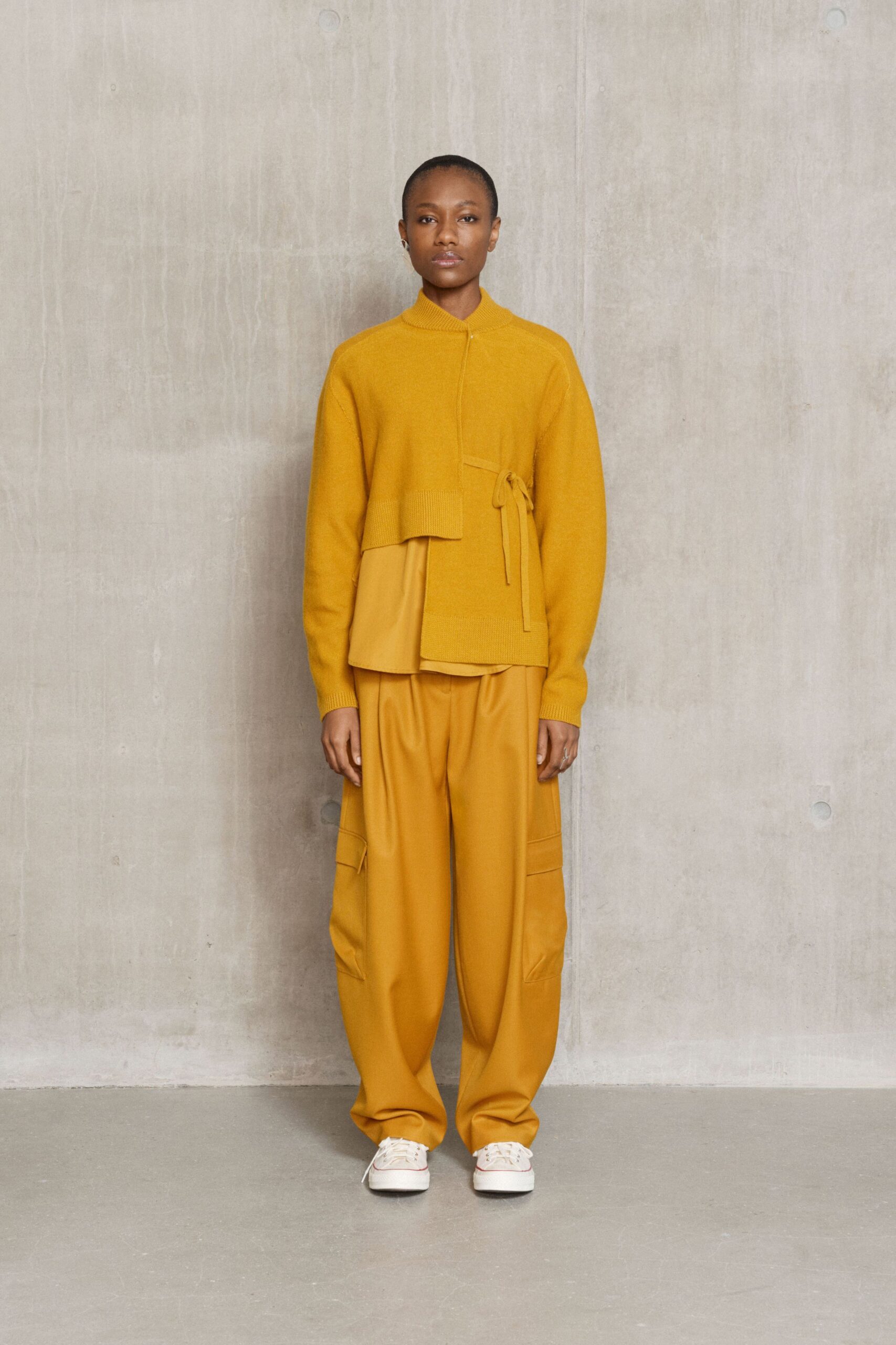 yellow wool long-sleeve collared relaxed layered top