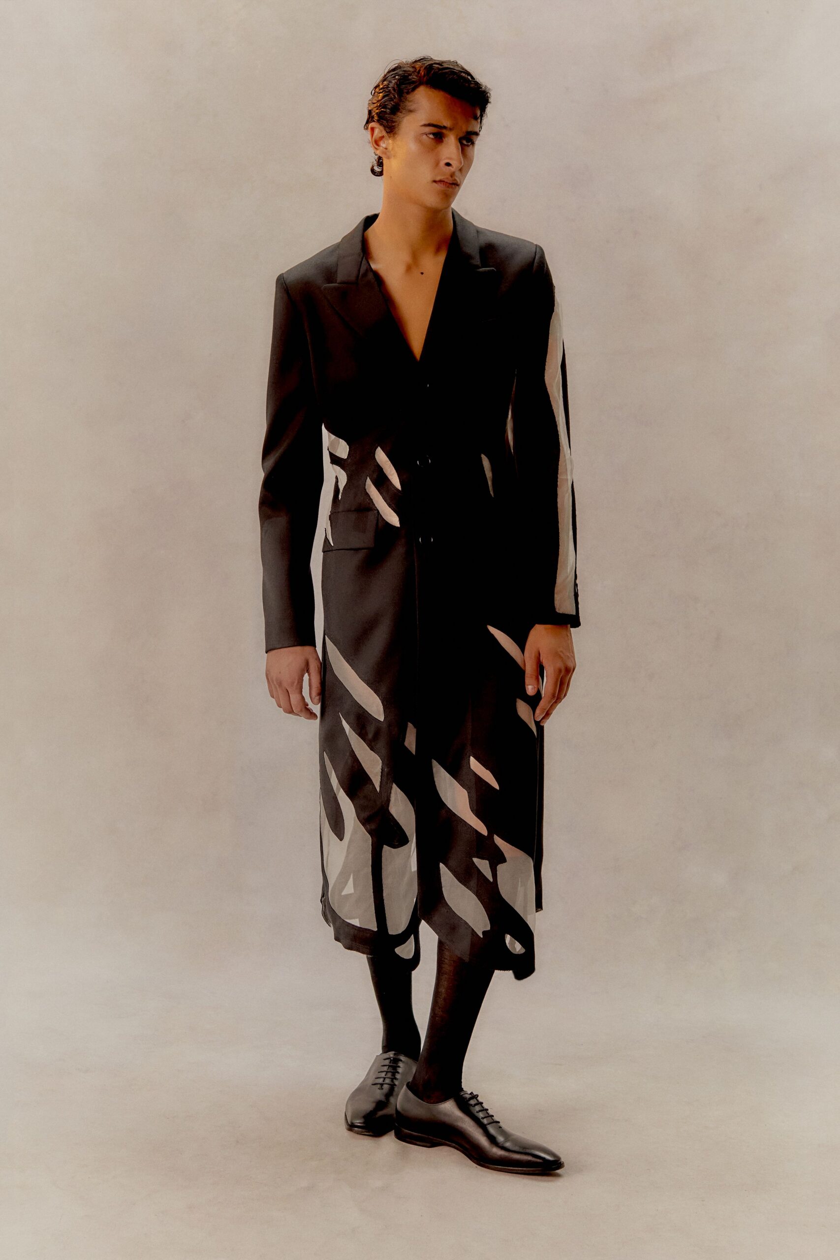 black silk long-sleeve collared fitted layered midi coat