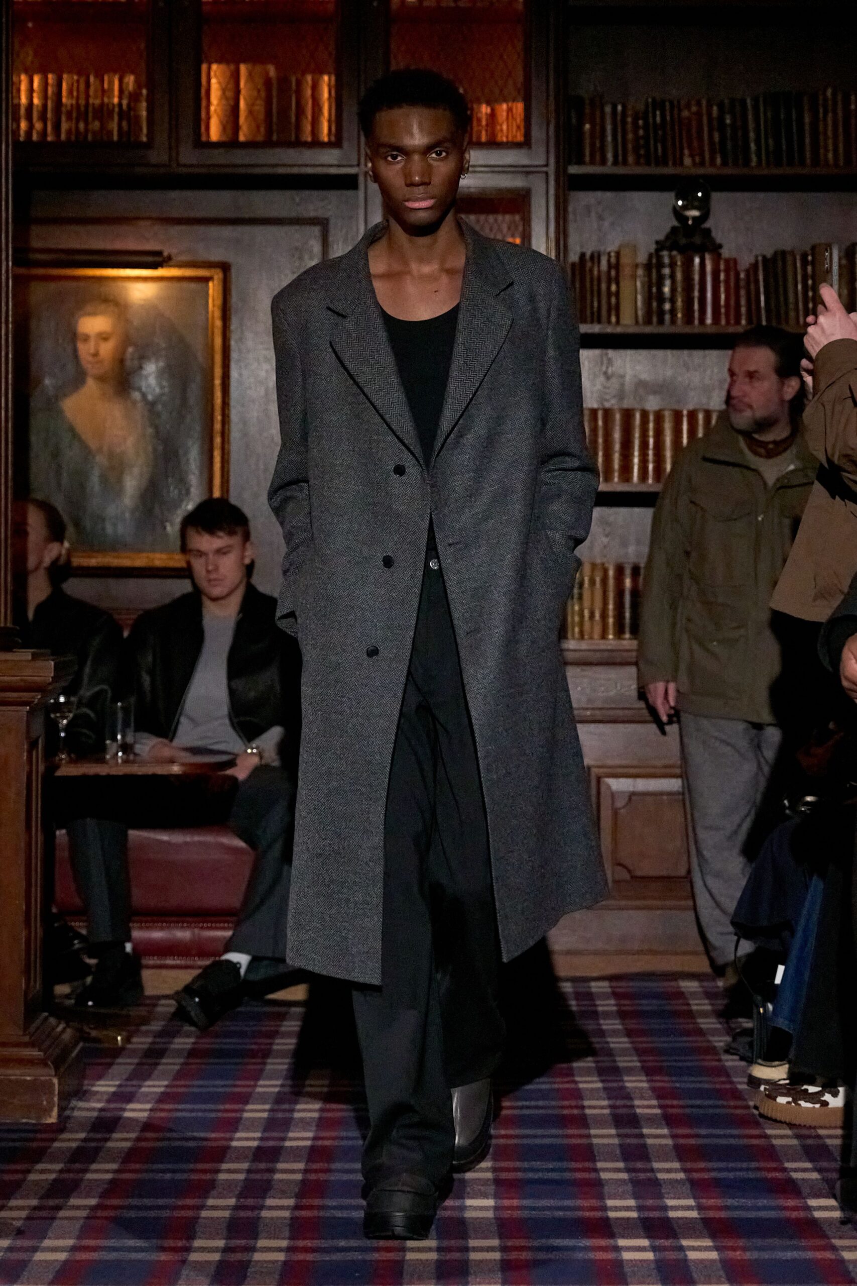 gray wool long-sleeve collared relaxed buttoned maxi coat