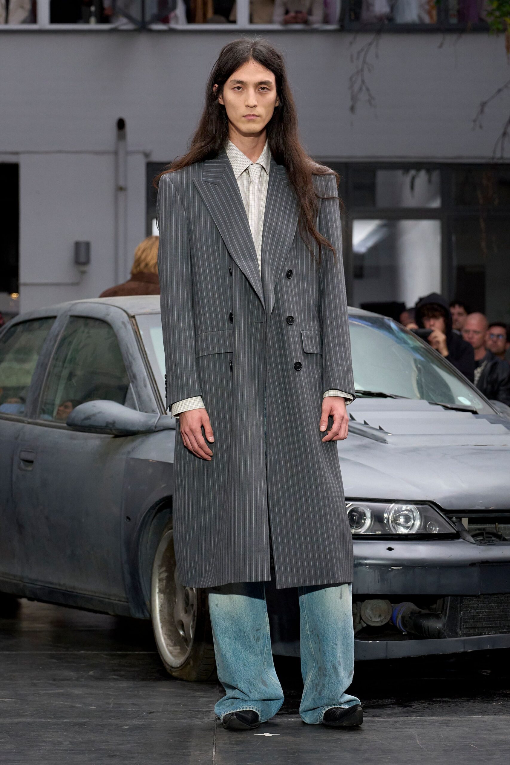 gray wool long-sleeve double-breasted structured striped coat
