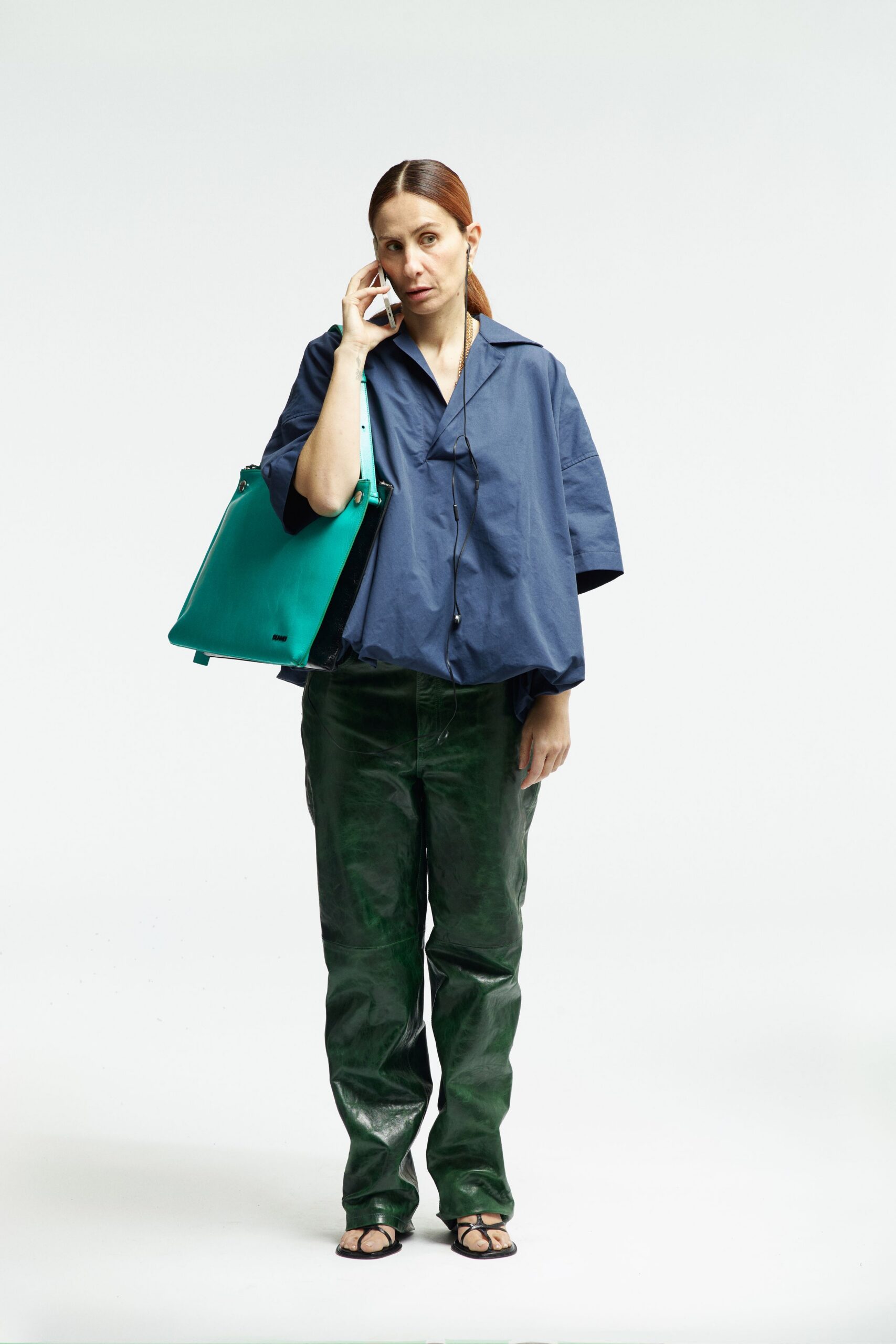 blue relaxed shirt green pants