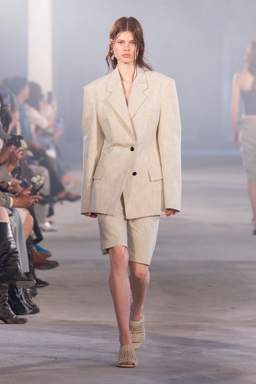 beige linen blazer and shorts