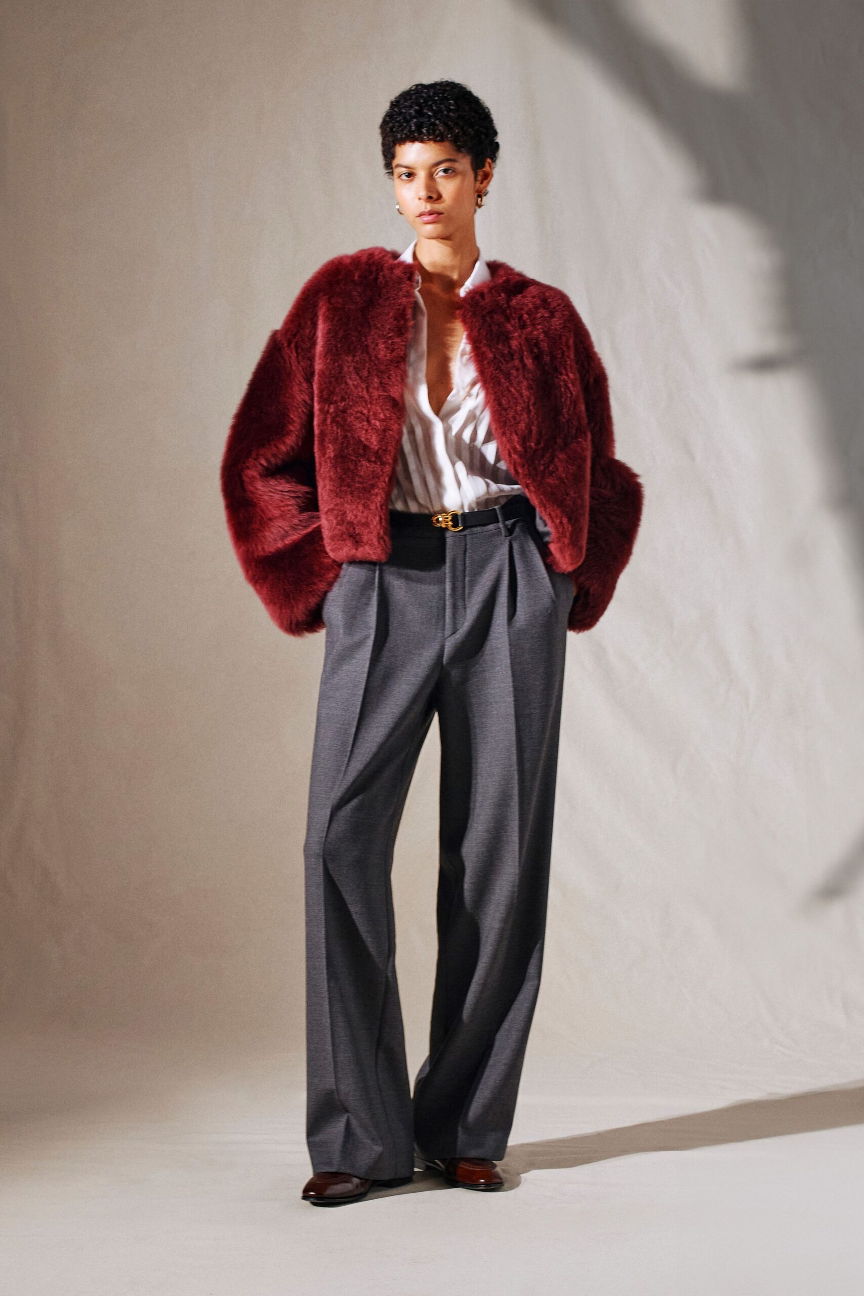 red faux-fur long-sleeve relaxed jacket