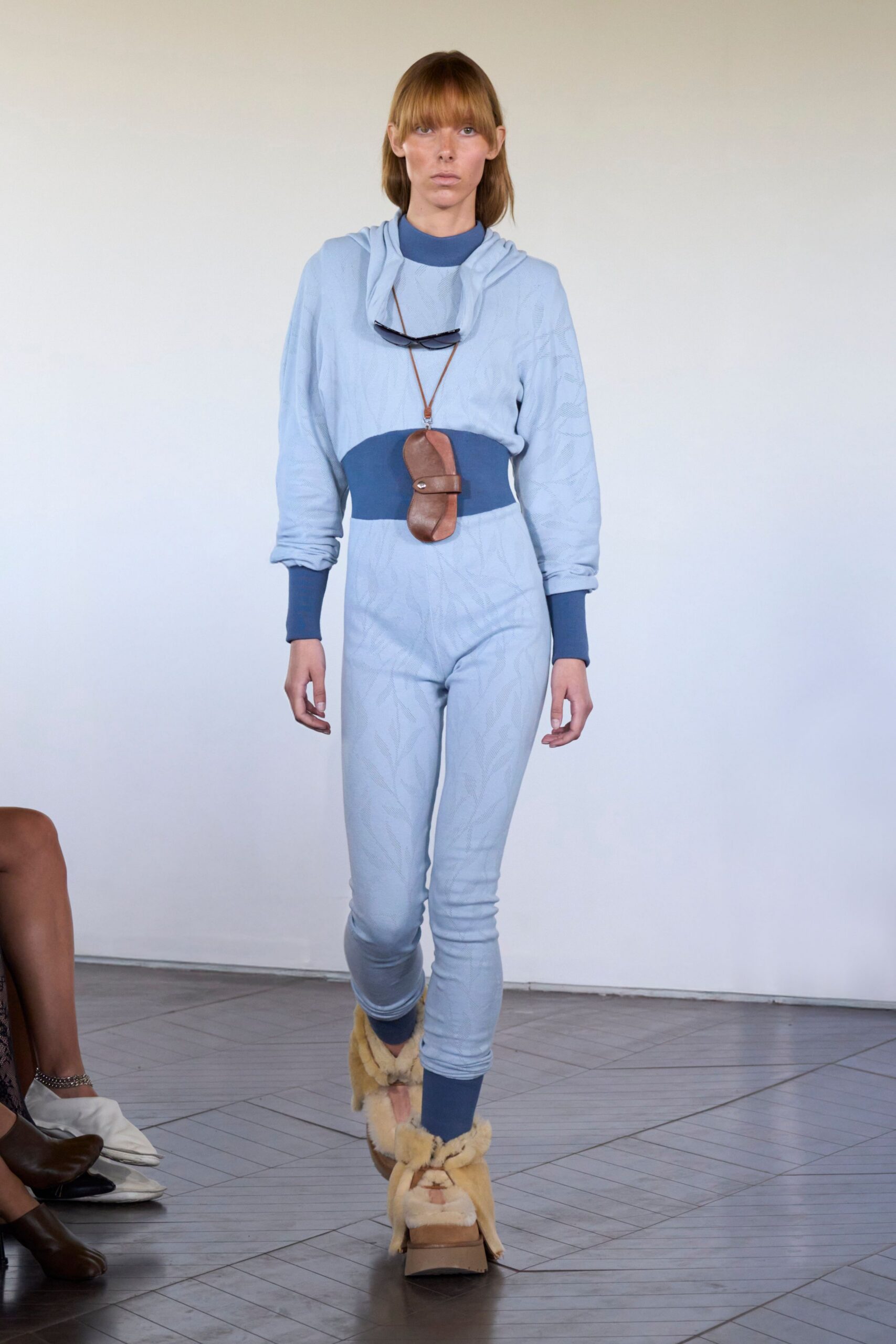 blue cotton long-sleeve hooded fitted quilted jumpsuit
