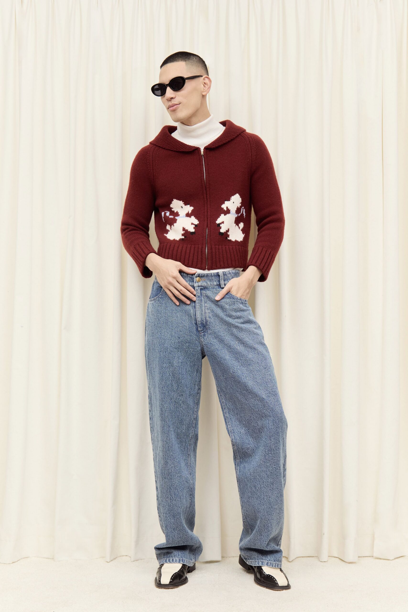 red wool long-sleeve hooded fitted zippered cardigan