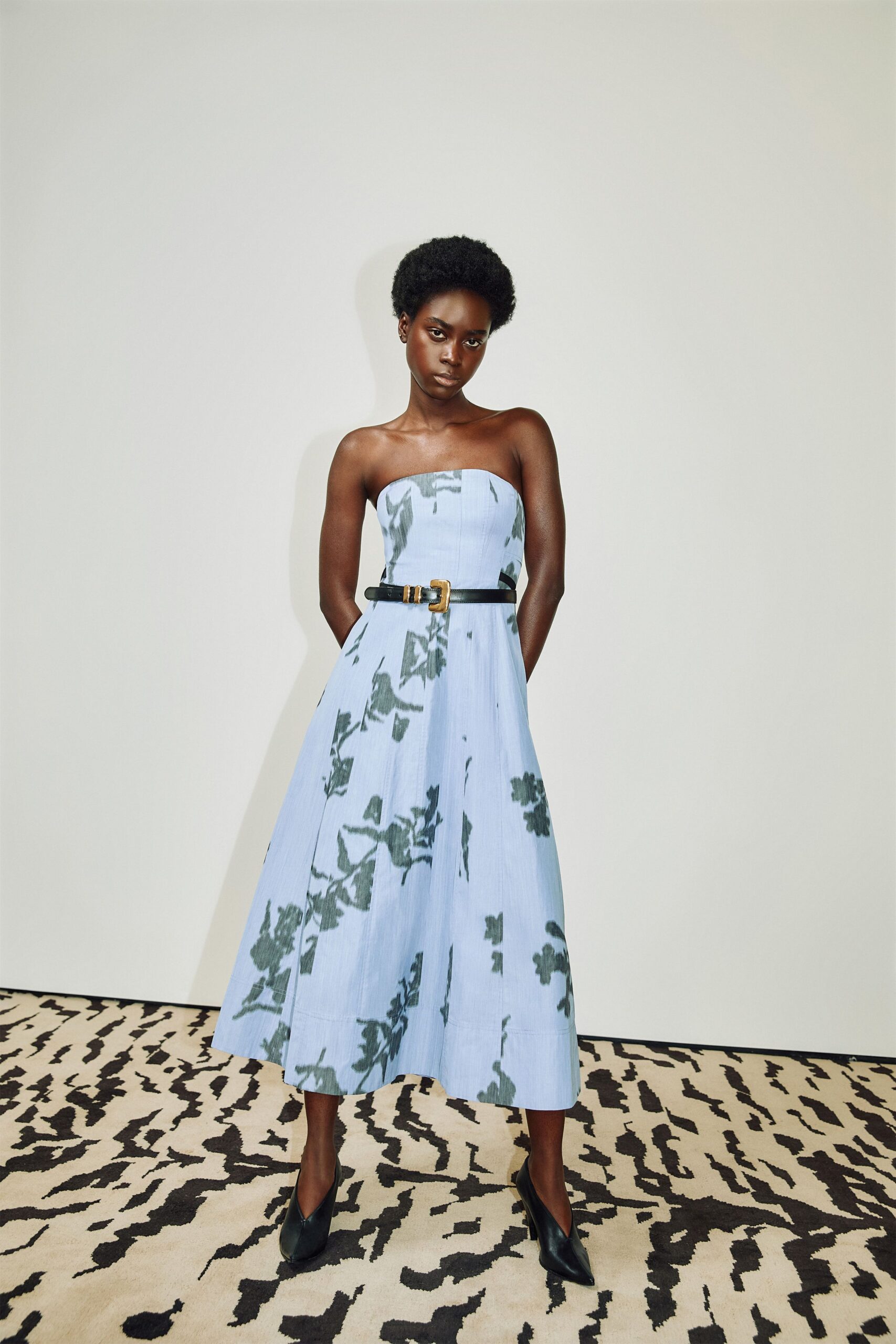 blue cotton strapless fitted floral tiered midi dress