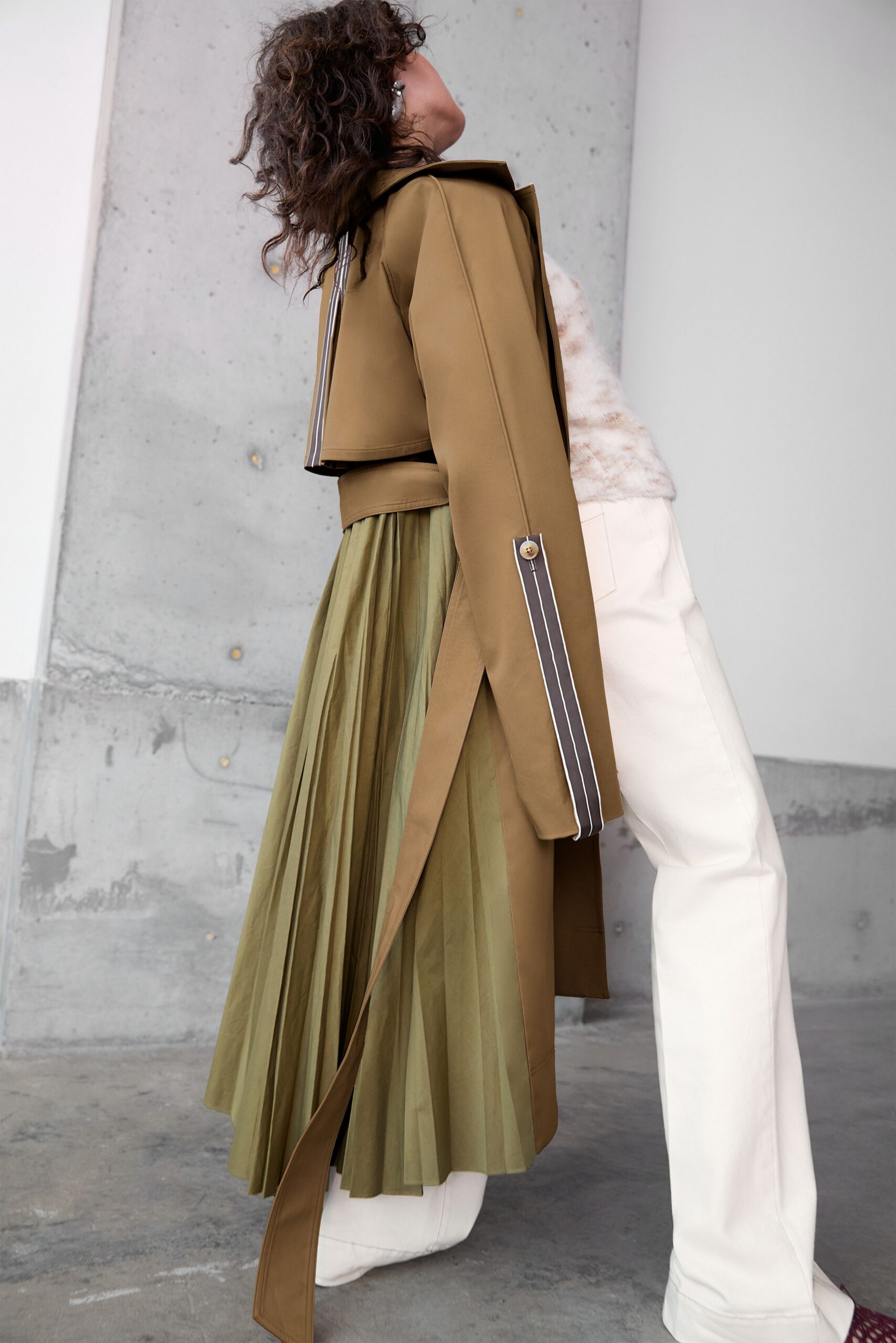 brown cotton long-sleeve collared structured buttoned layered coat