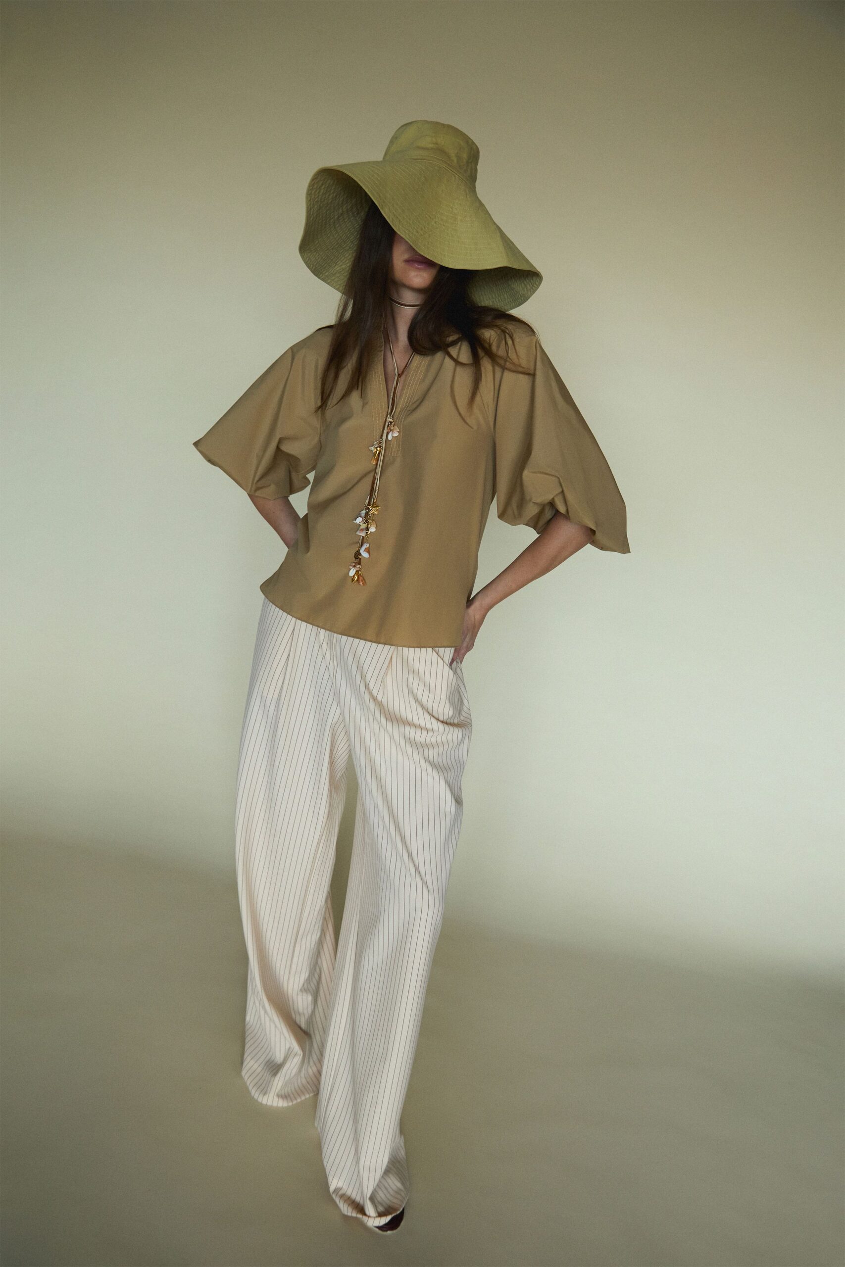 brown cotton short-sleeve collared relaxed pleated top