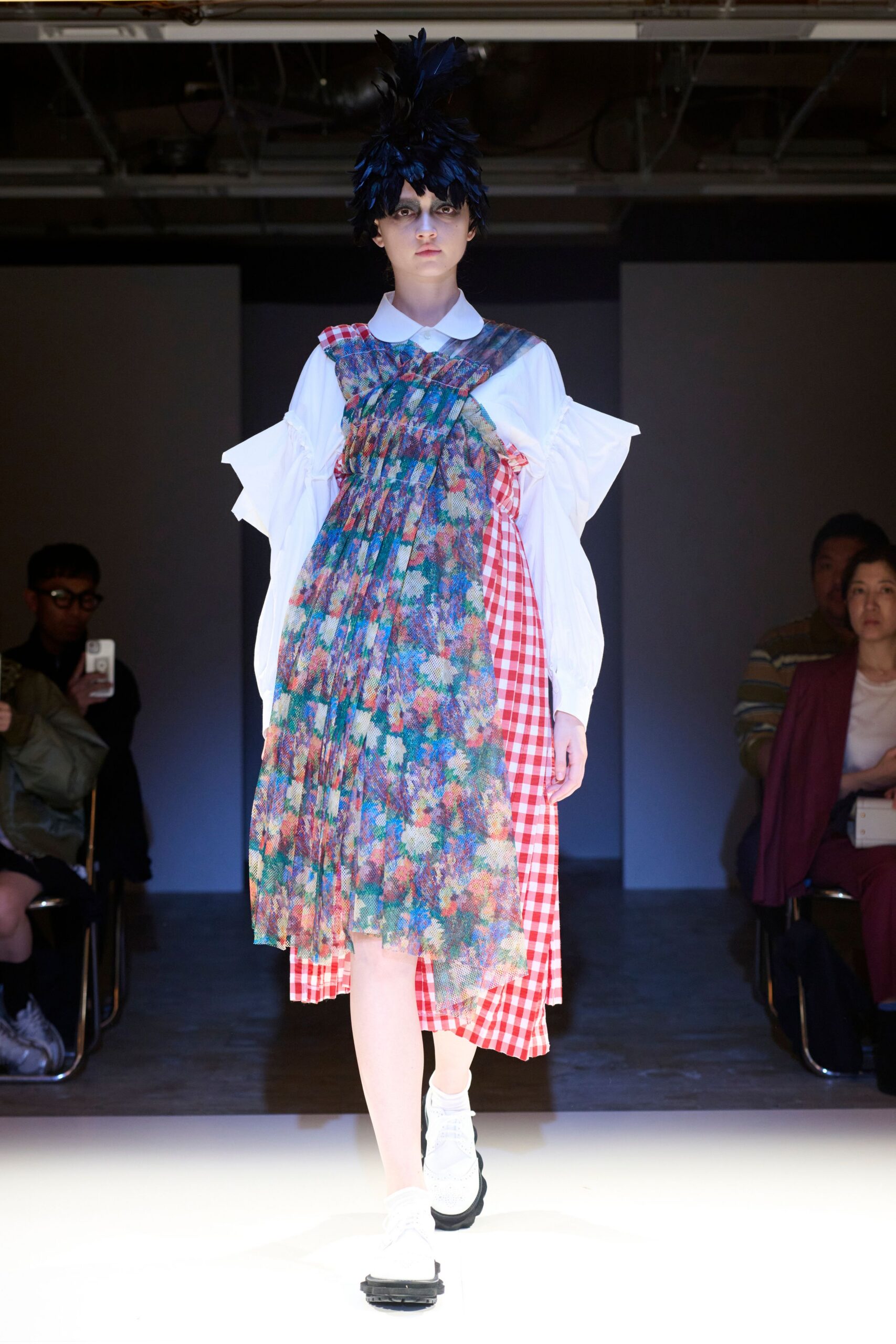multi cotton long-sleeve relaxed floral checked midi dress