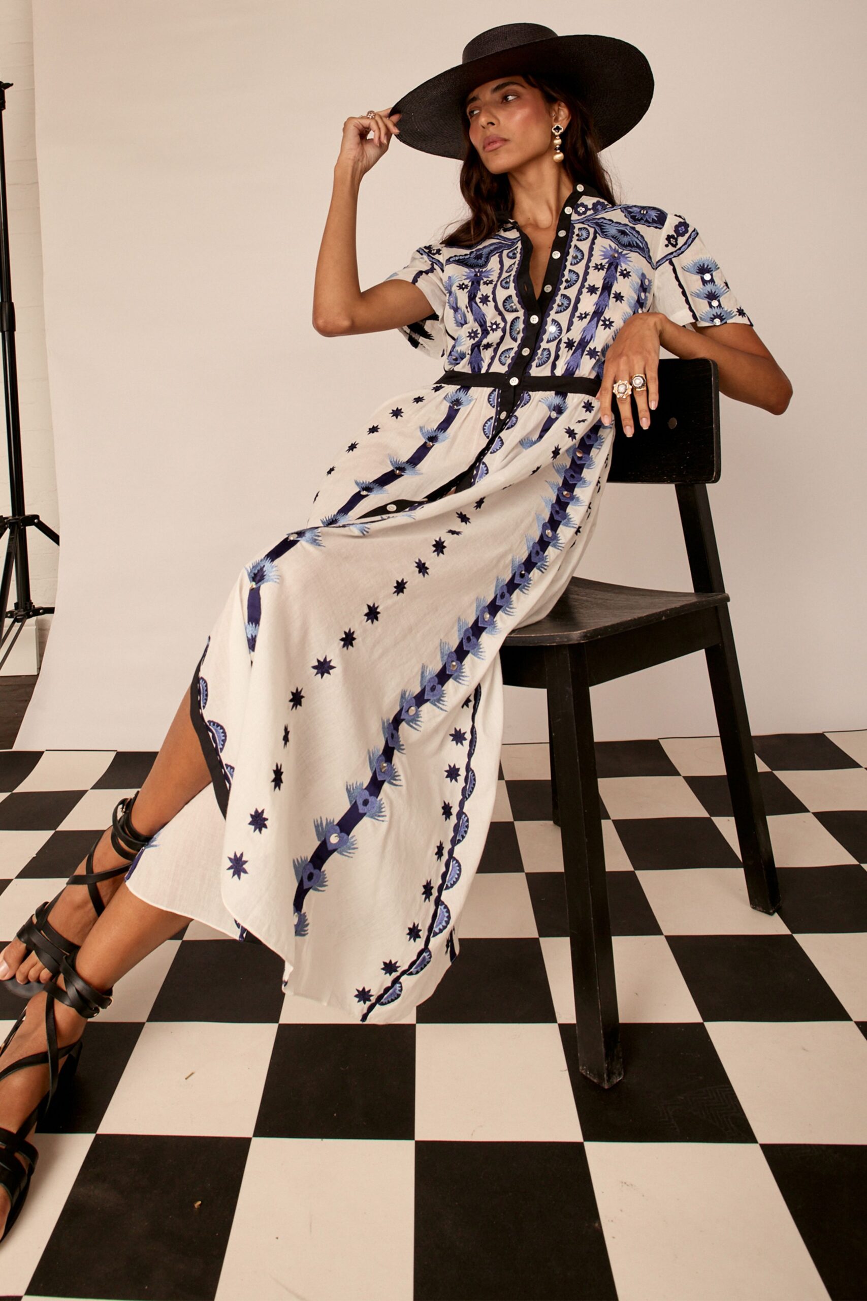 white cotton short-sleeve collared relaxed embroidered tiered dress