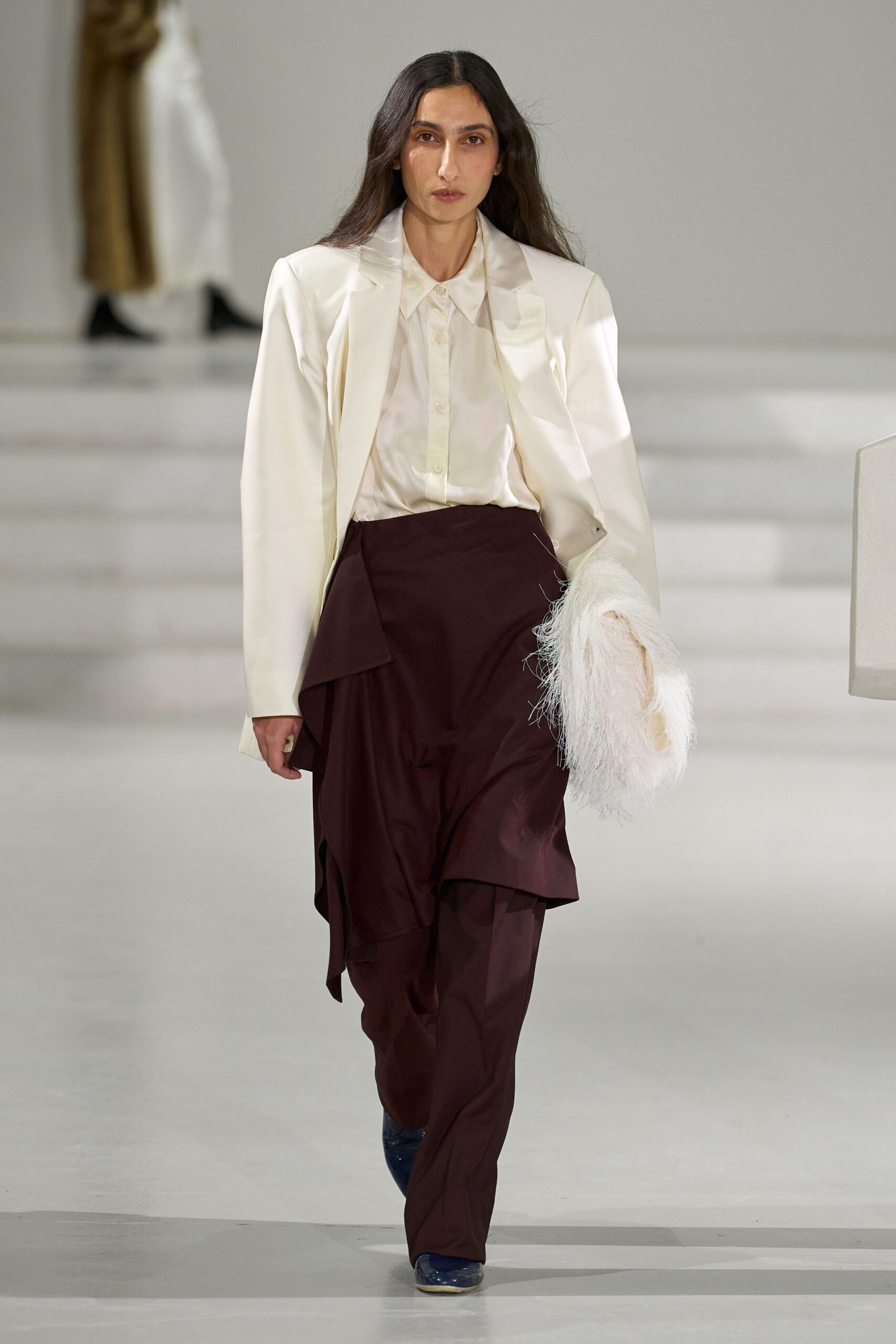 white blazer with maroon pants