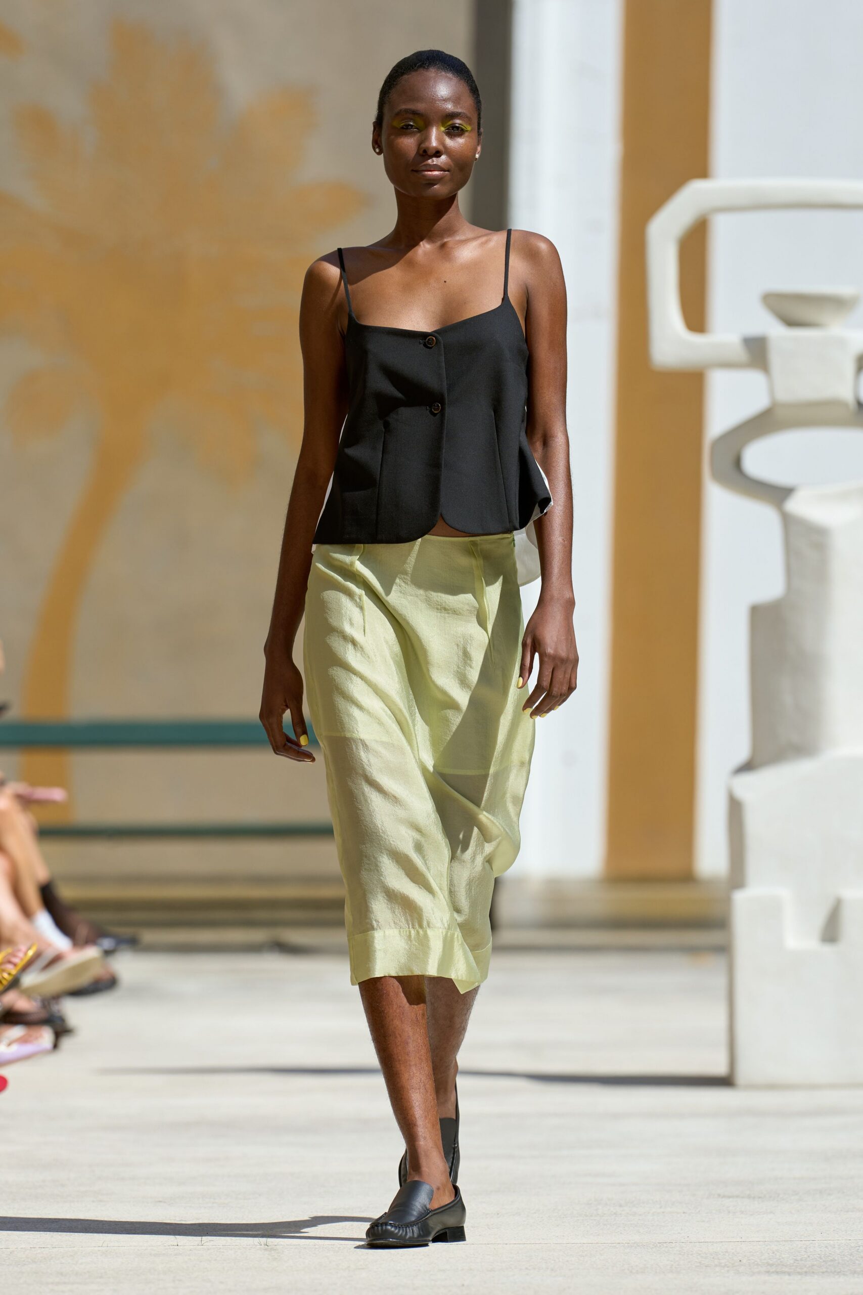black fitted top green midi skirt