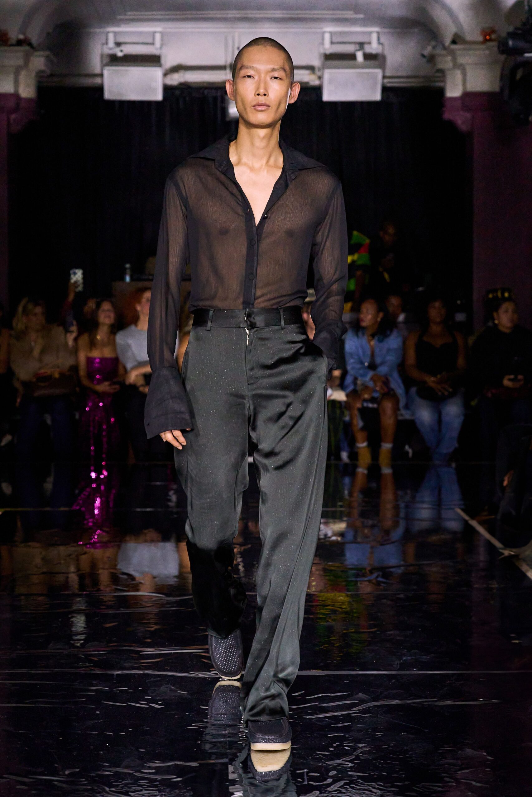 black silk long-sleeve v-neck fitted sheer shirt