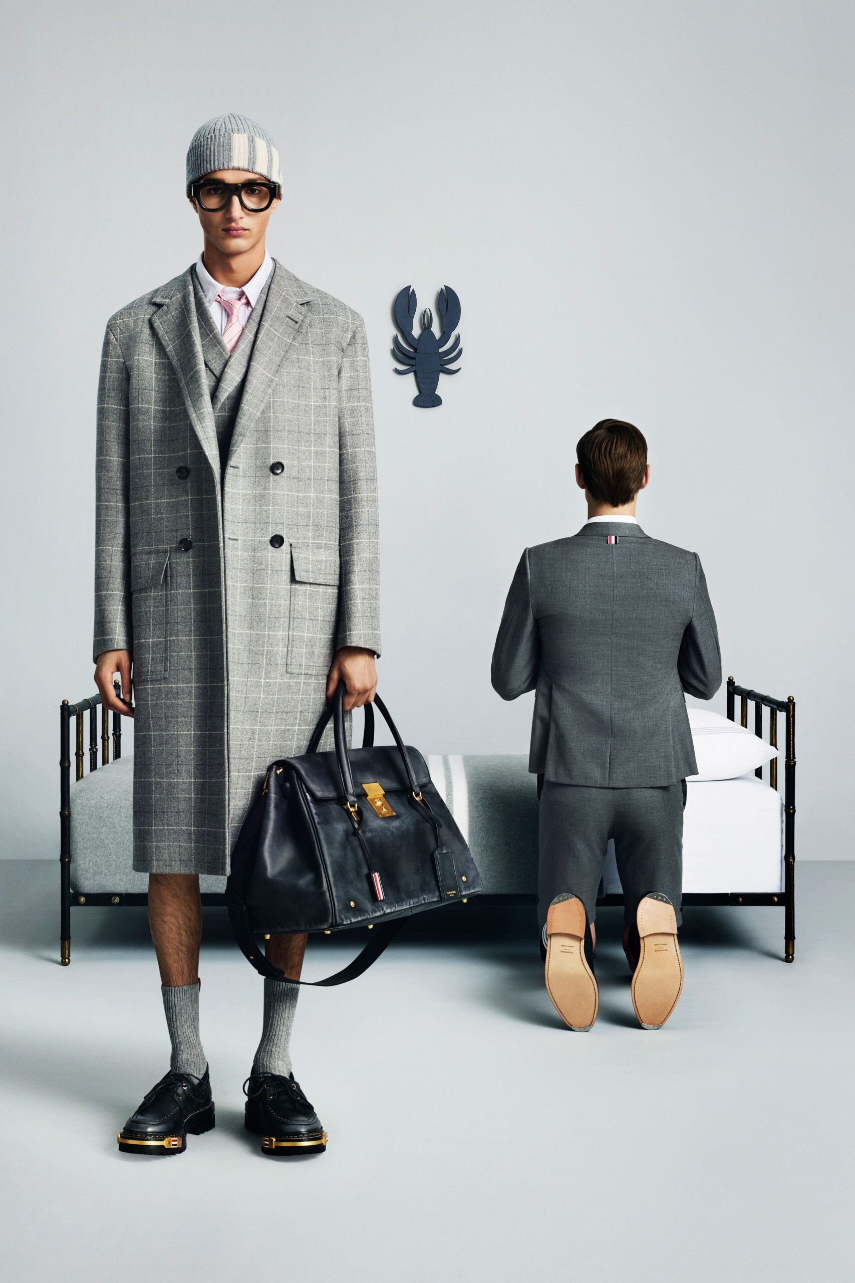 gray wool long-sleeve collared structured checked midi coat