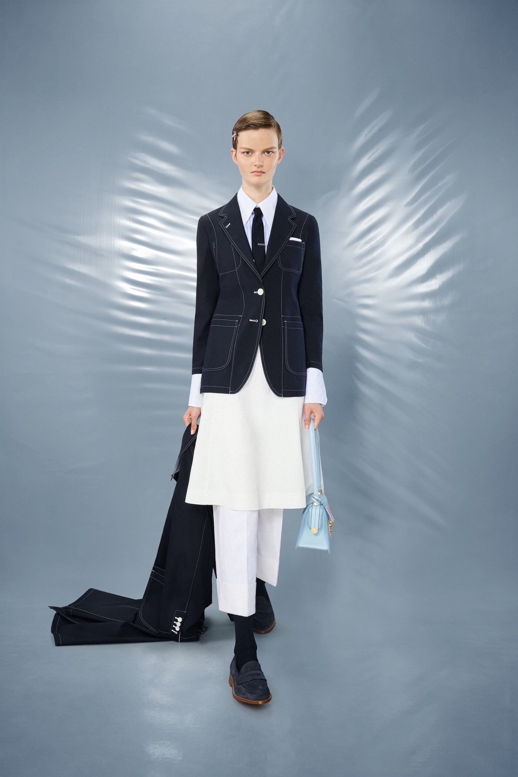 black blazer white skirt outfit