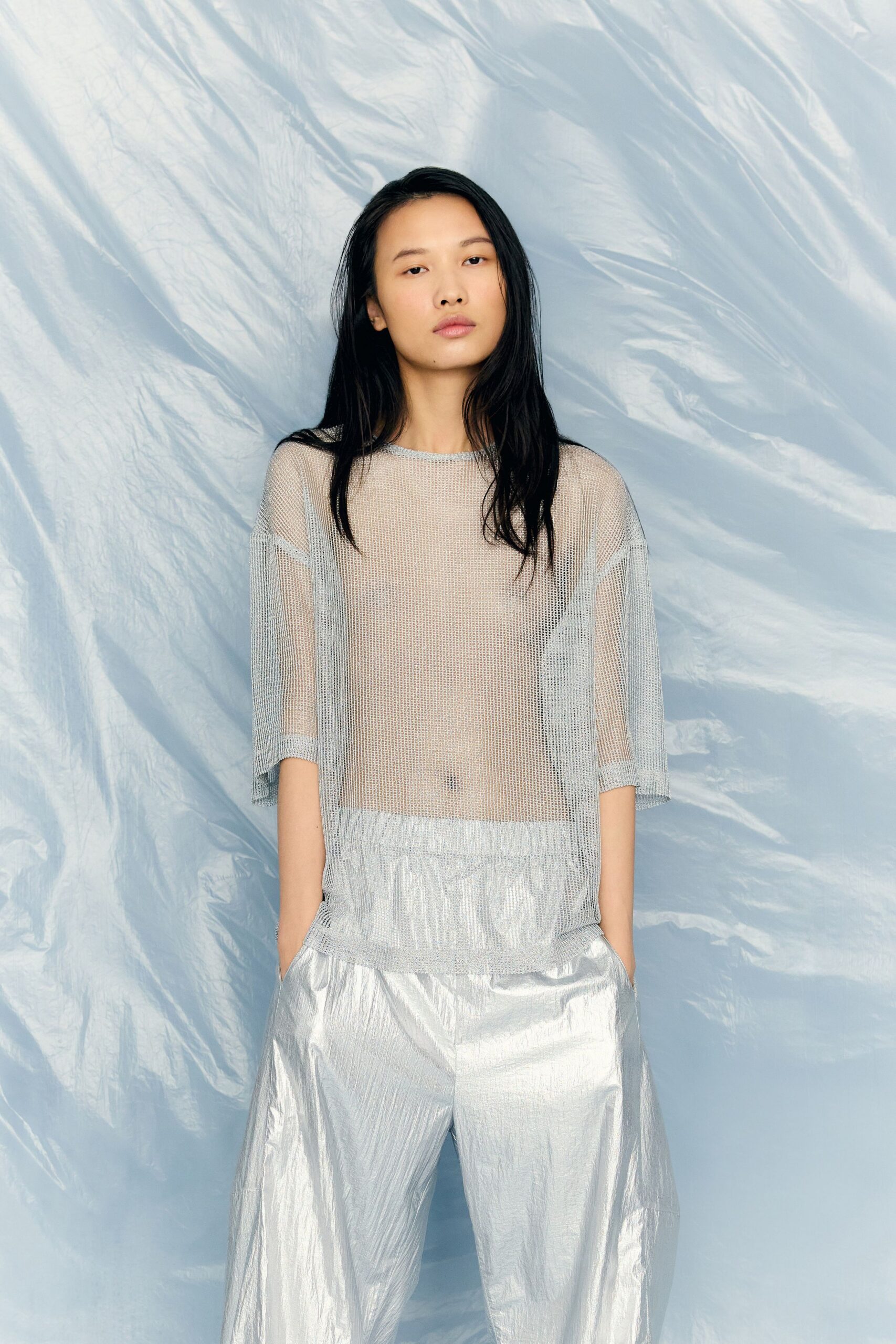 gray vinyl relaxed wide-leg shiny pants