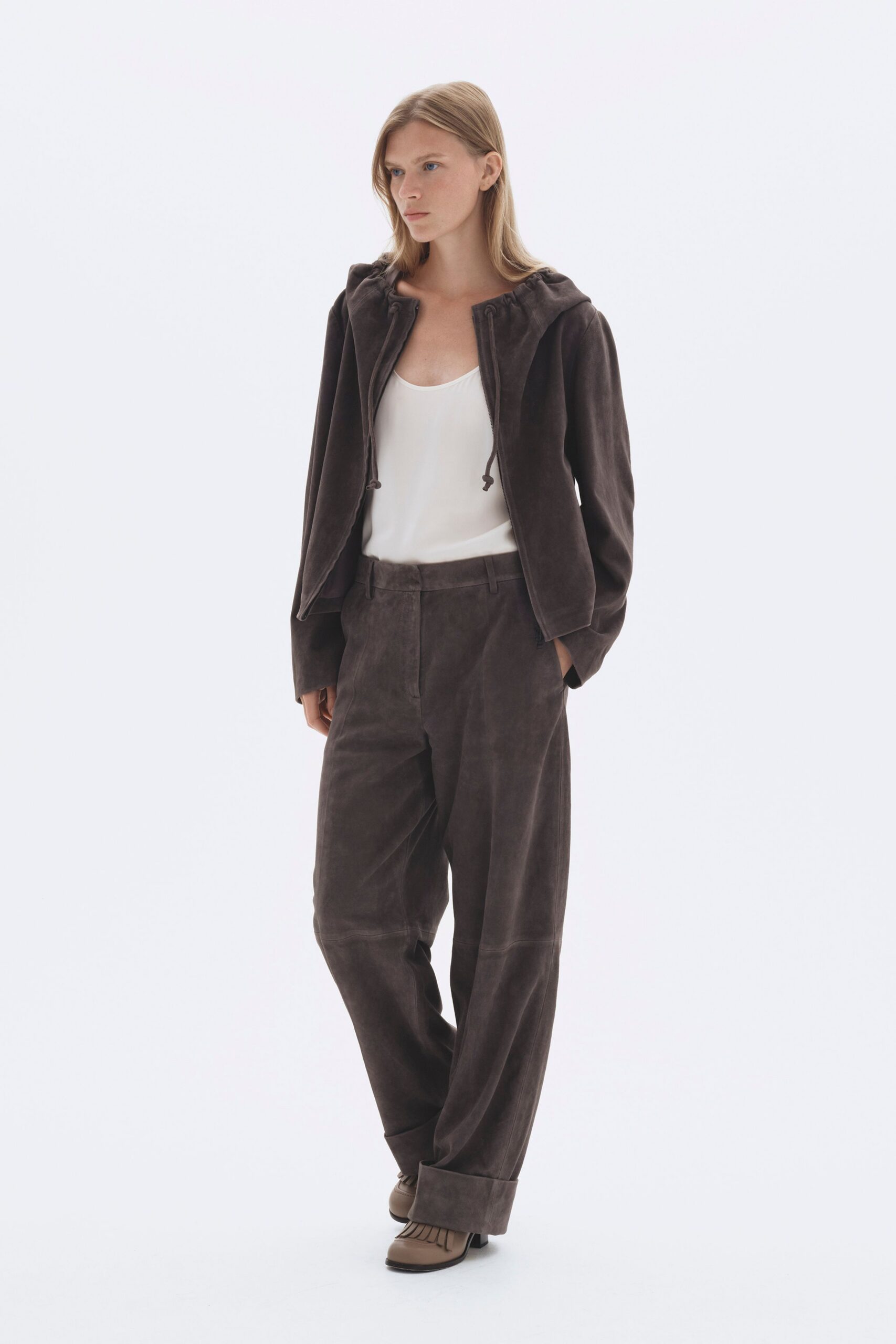 brown suede relaxed wide-leg pants