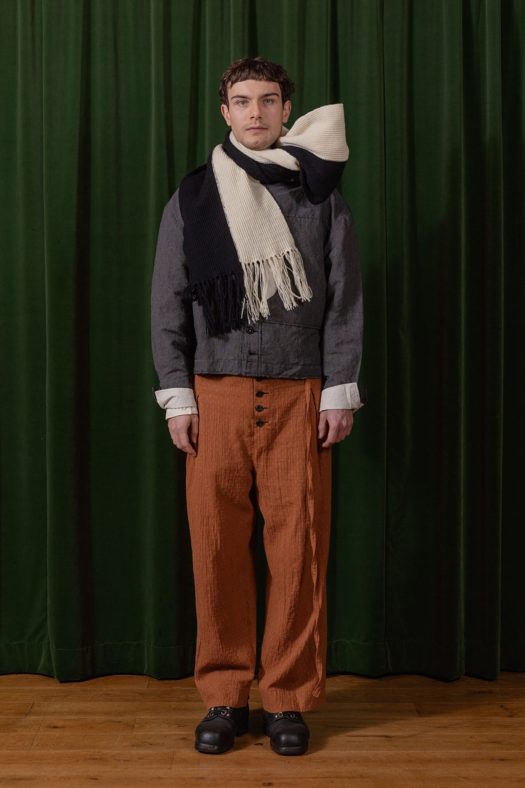 gray jacket orange pants