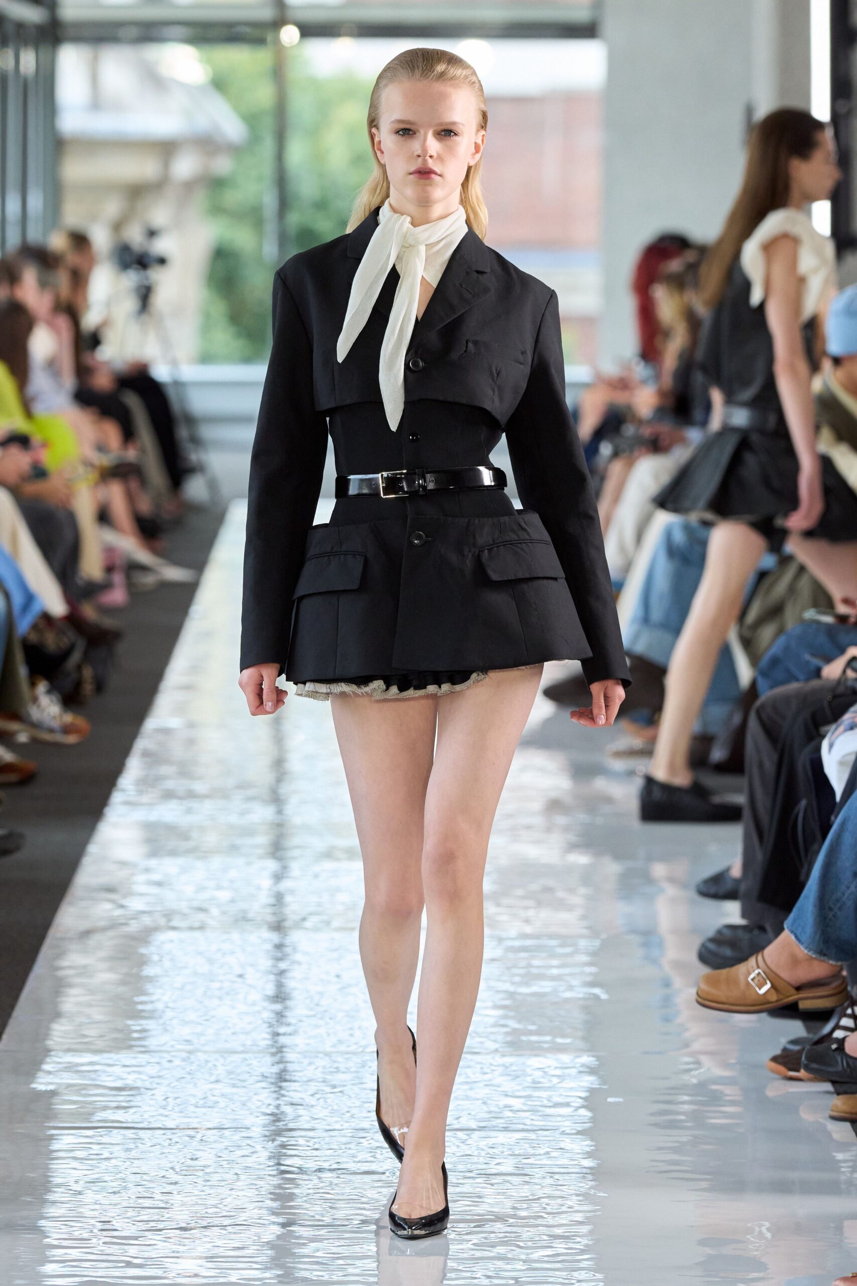 black structured blazer with mini skirt
