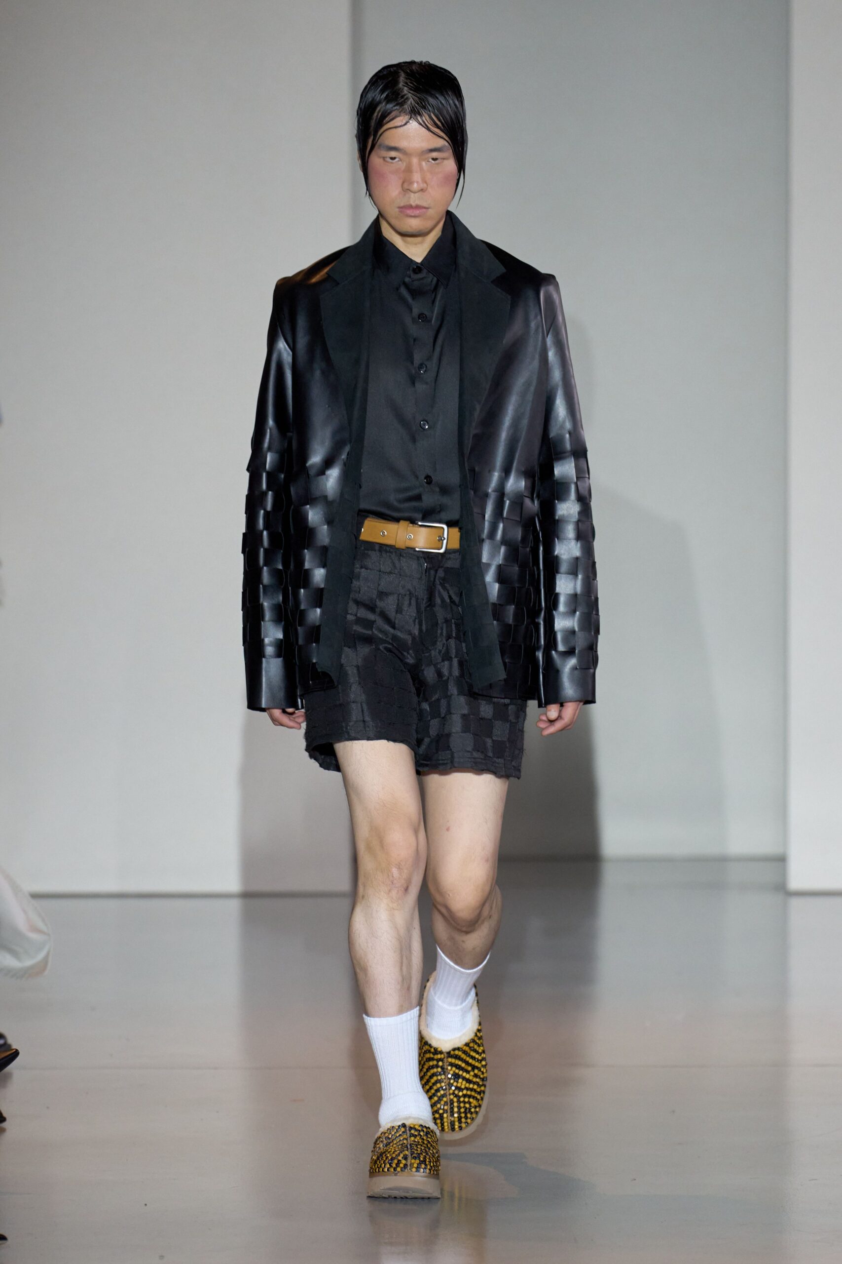 black leather long-sleeve collared structured buttoned blazer