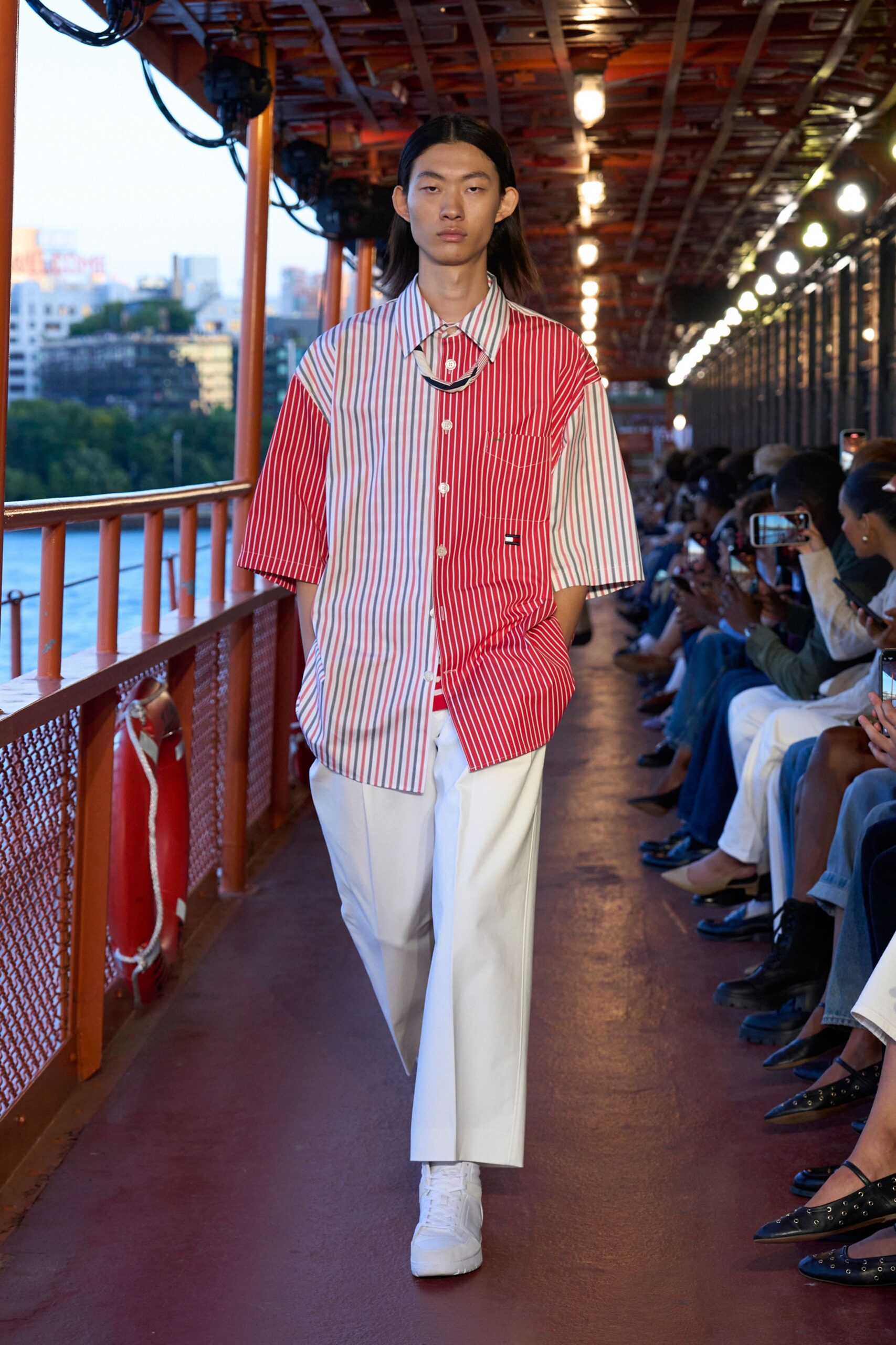 red short-sleeve collared relaxed striped shirt