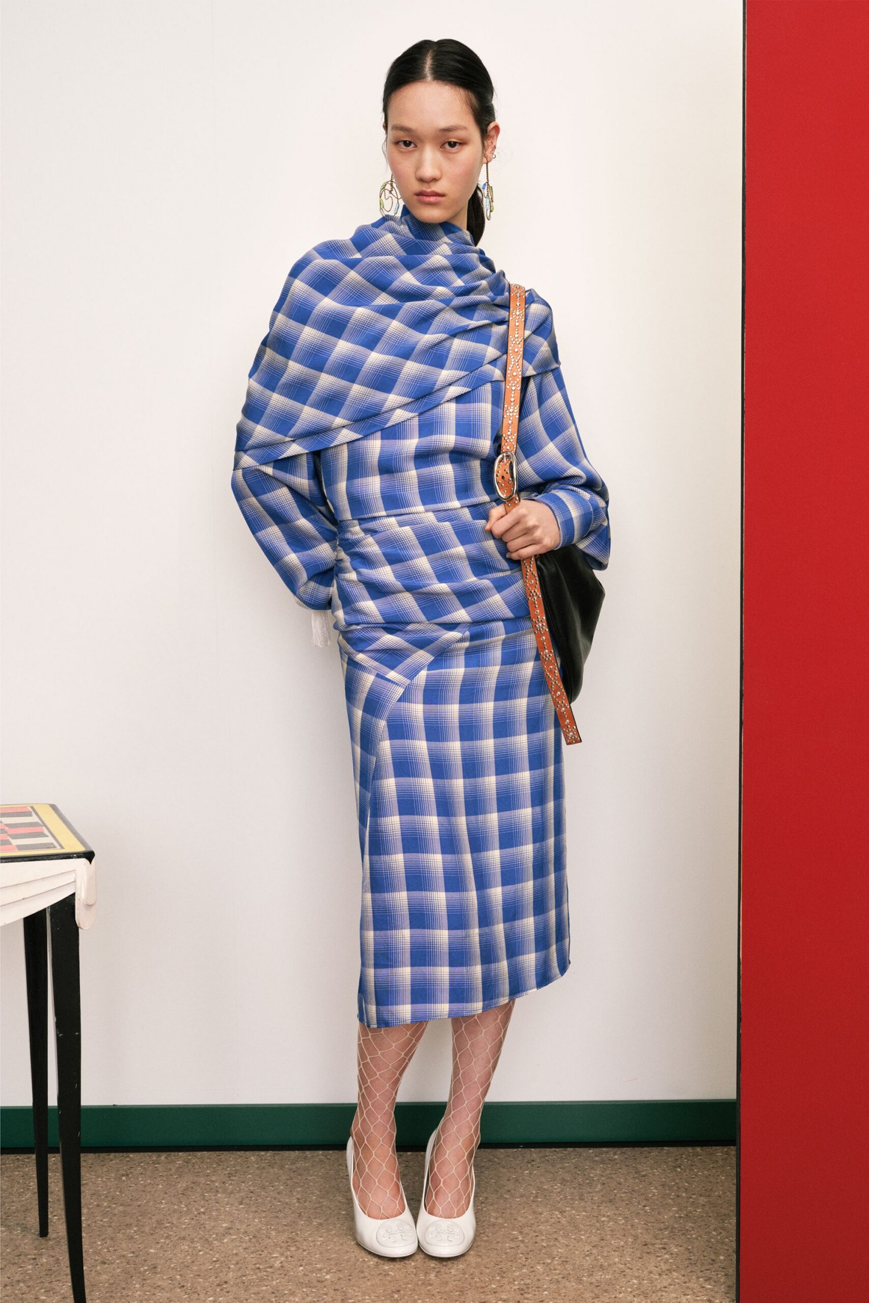 blue and white checked midi dress