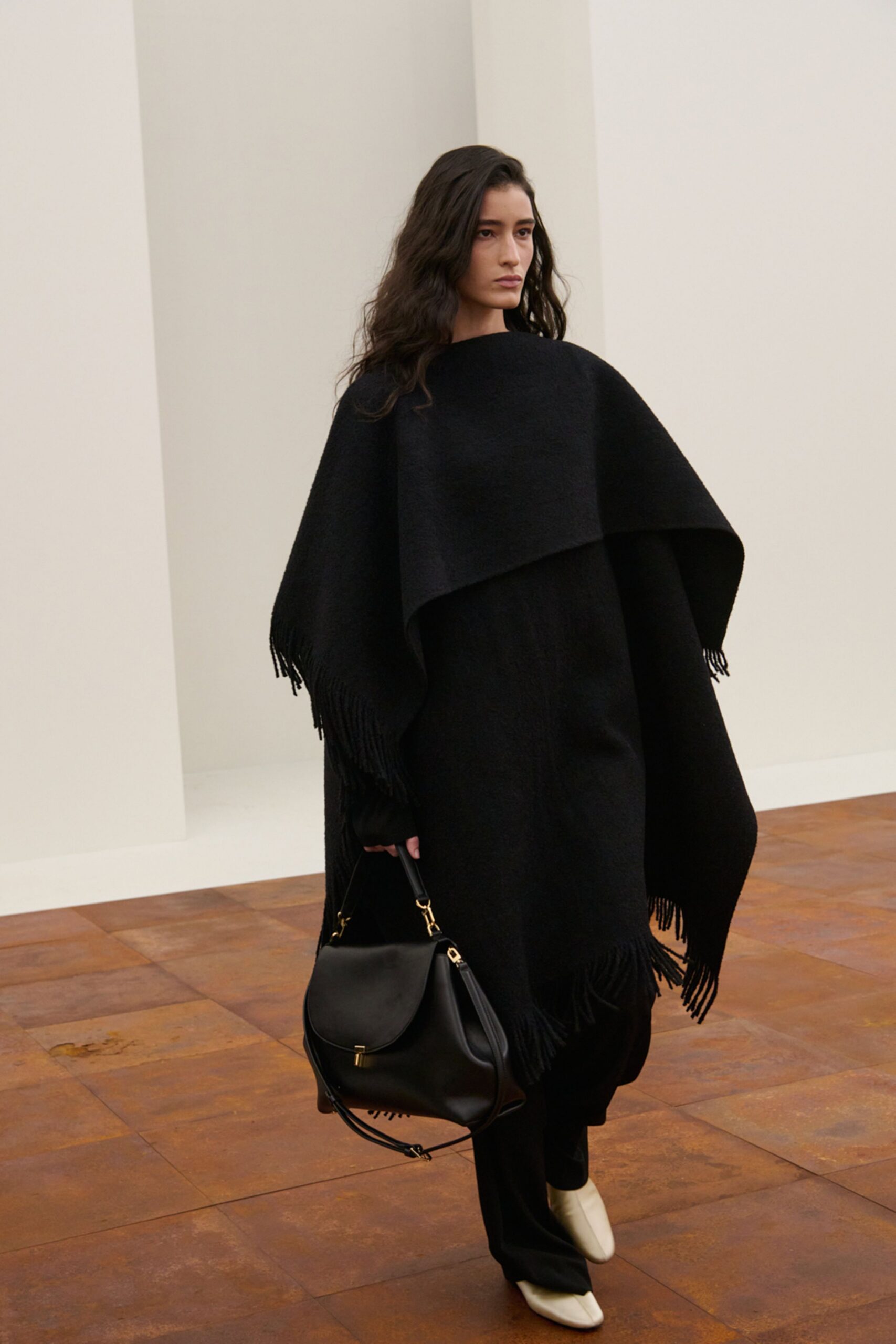 black wool relaxed fringed poncho