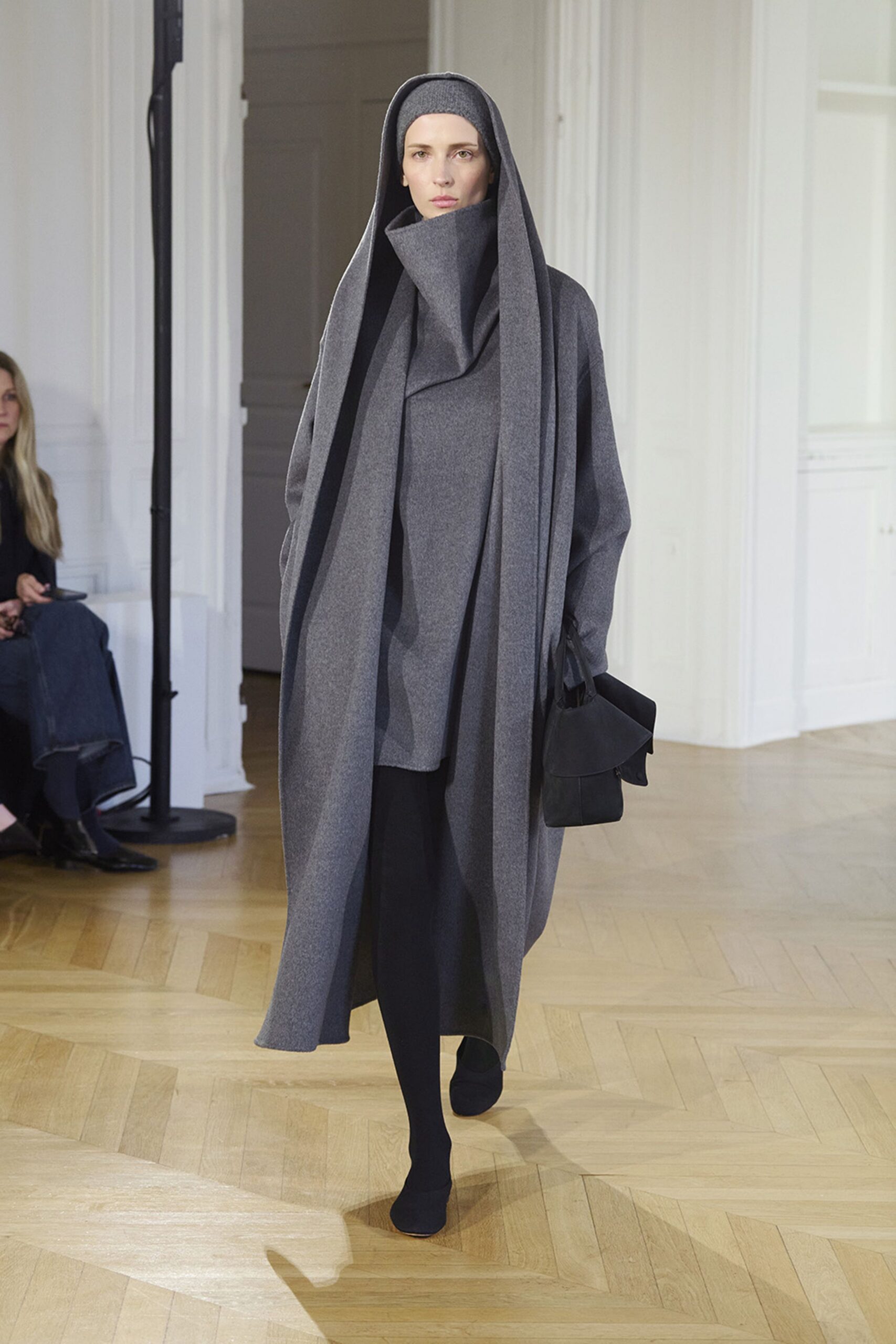gray wool long-sleeve high-neck relaxed layered coat