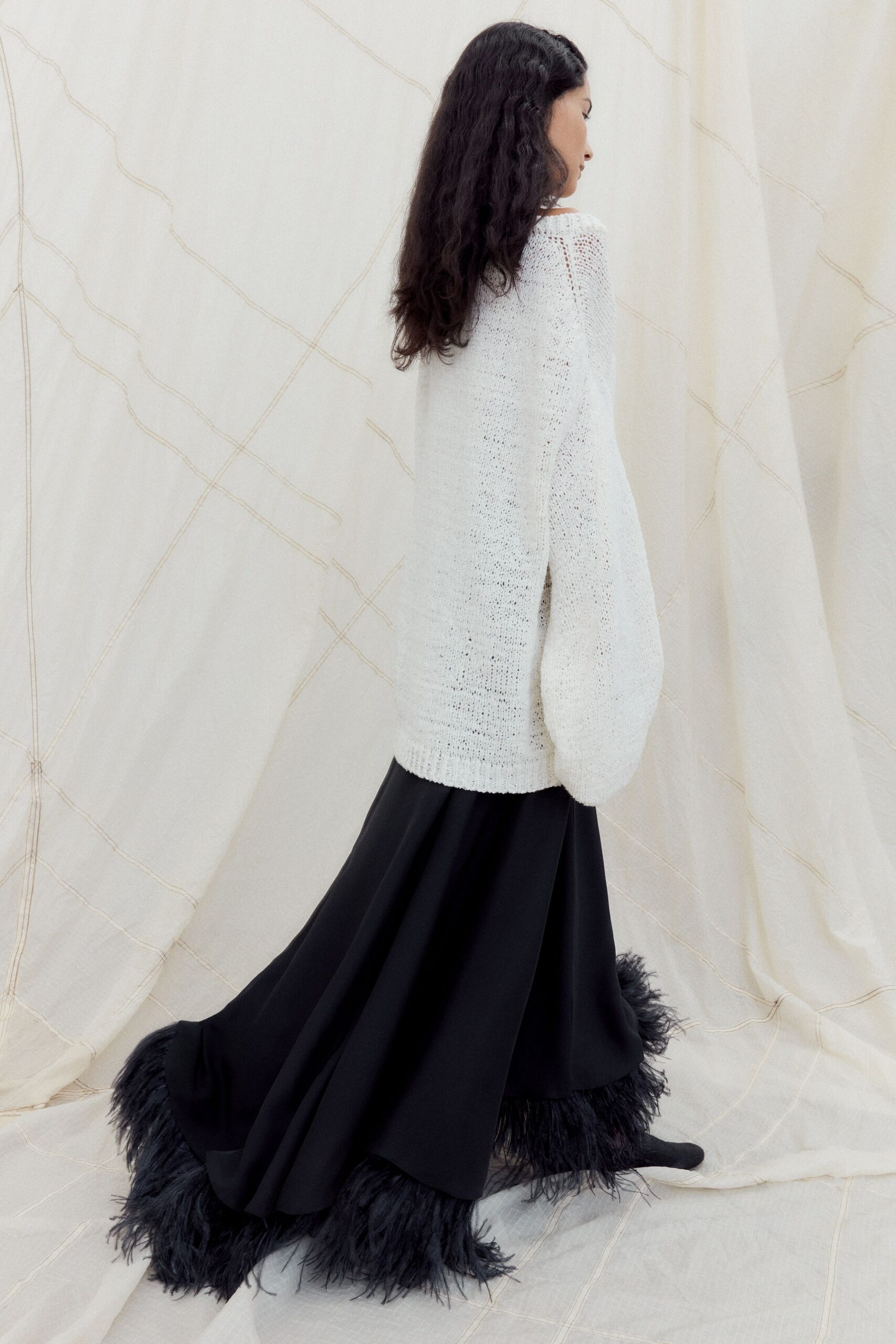 black silk fitted tiered fringed maxi skirt
