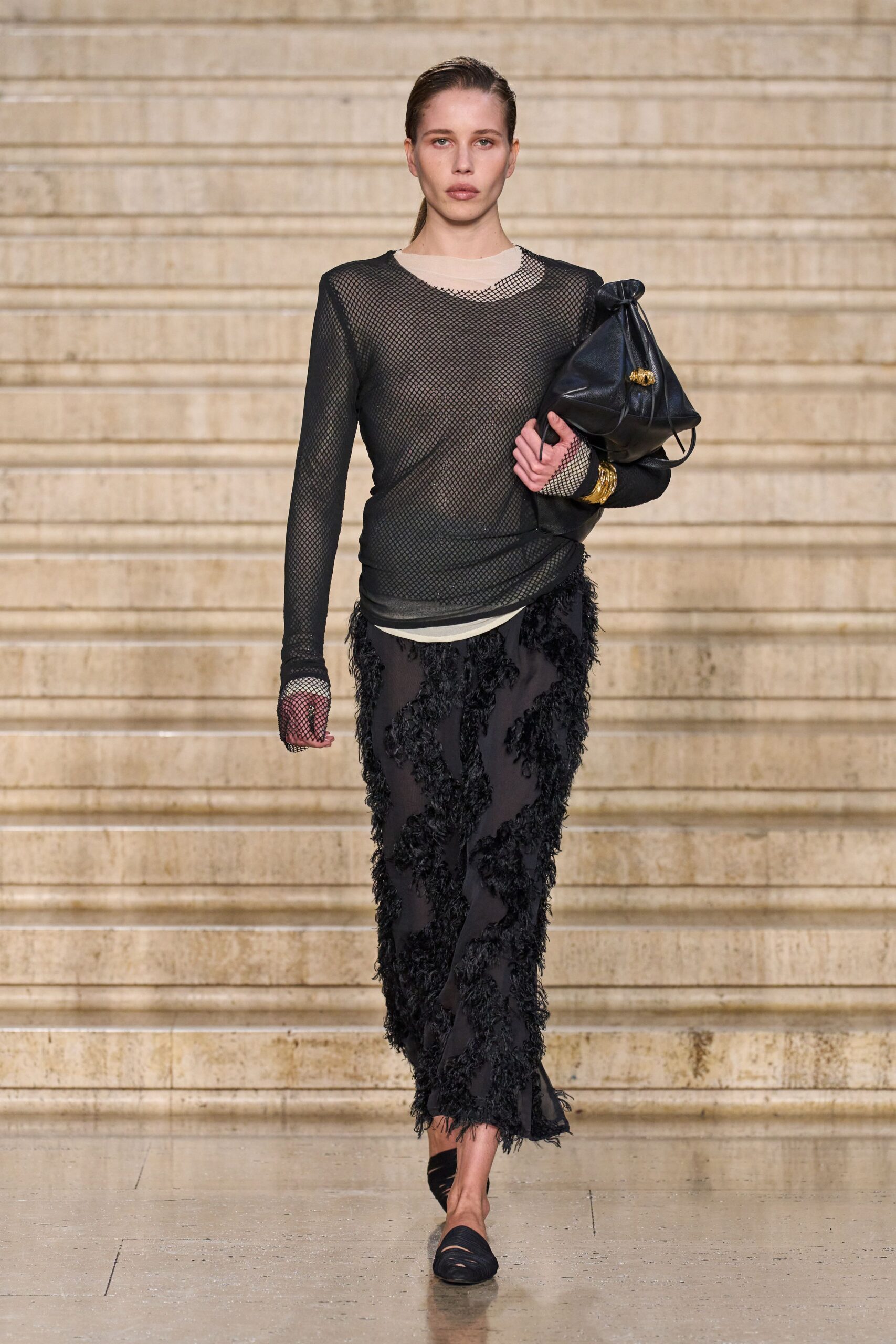 black mesh long-sleeve scoop-neck fitted pleated top