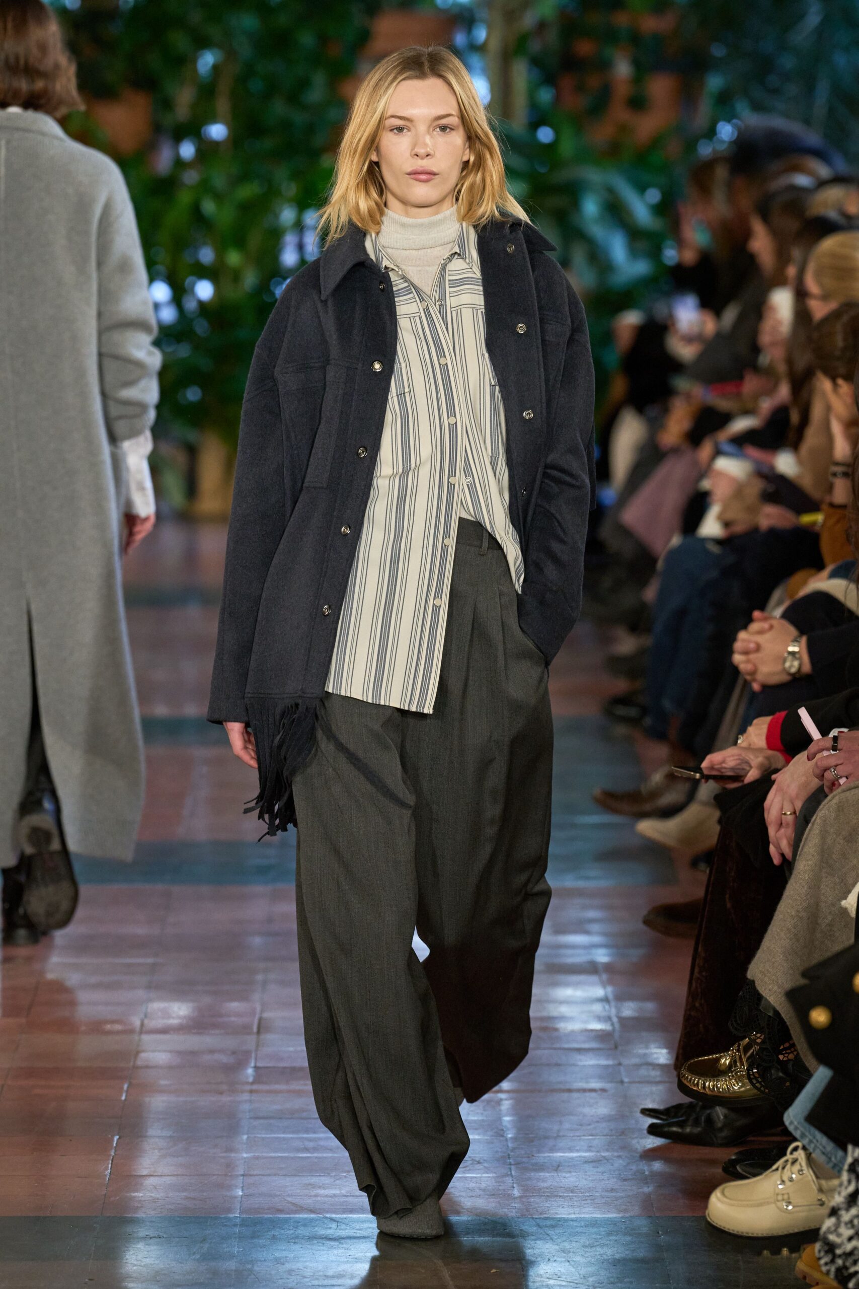 gray wool coat with striped shirt