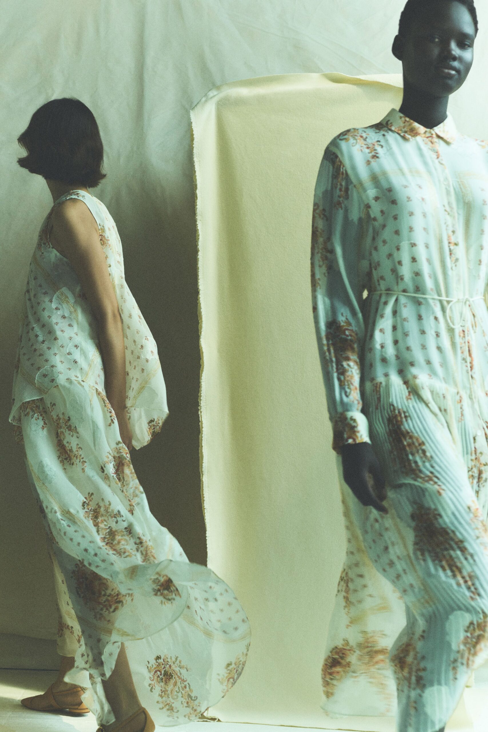 white chiffon long-sleeve collared relaxed floral pleated dress