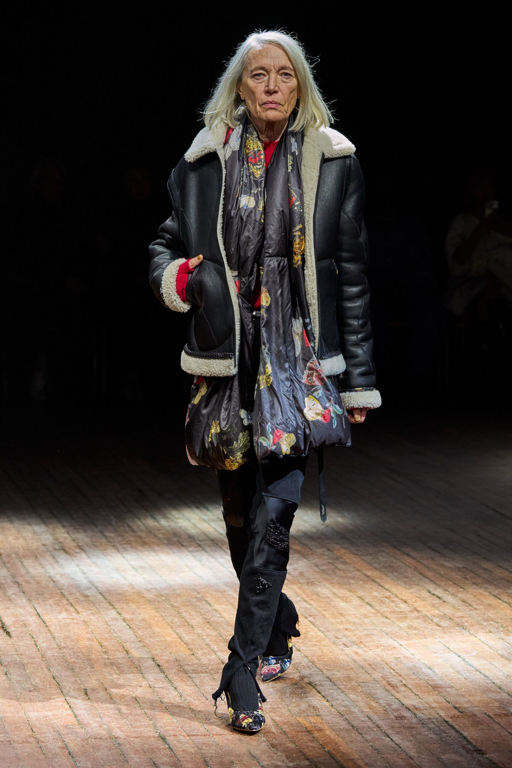 black leather jacket with floral scarf