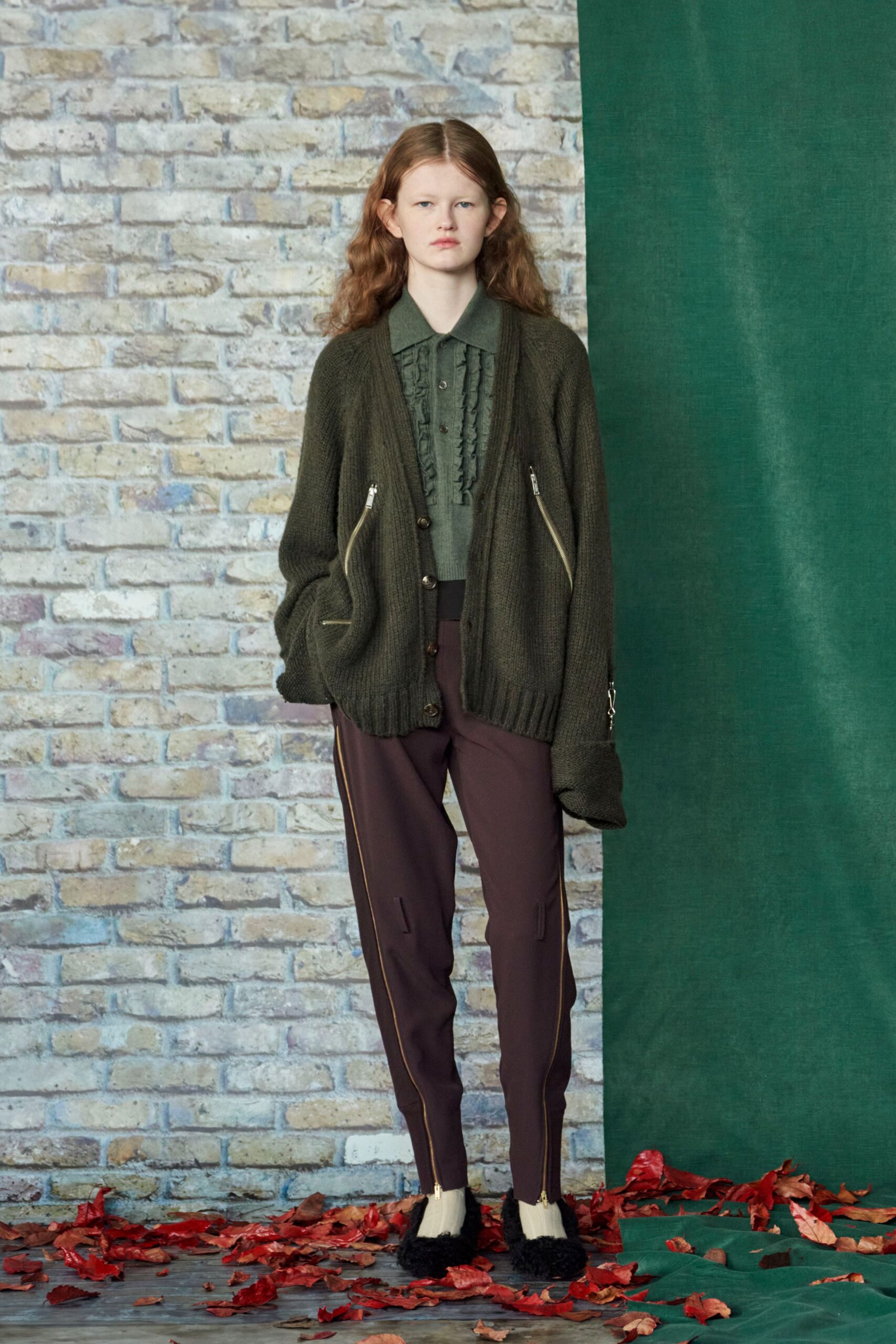 brown cotton slim zippered pants