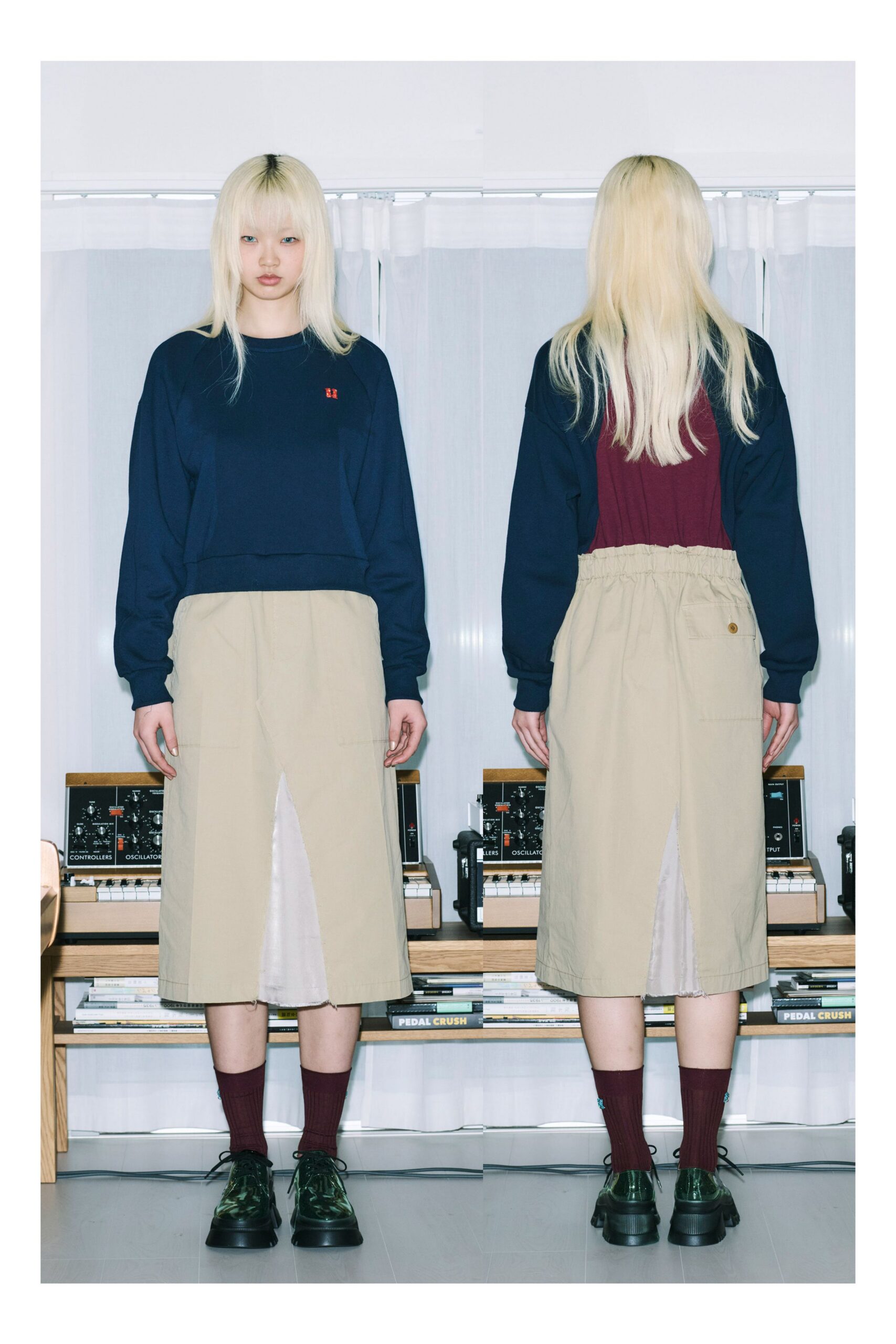 beige cotton slit fitted high-waisted pockets skirt