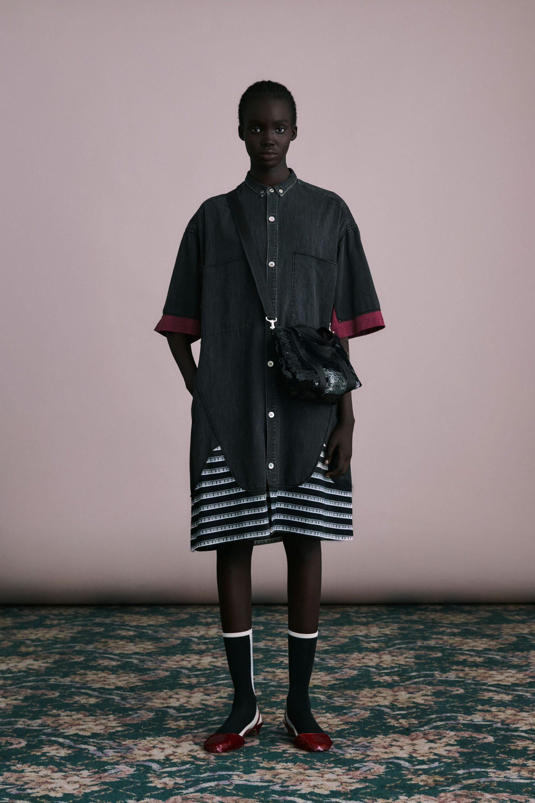 black denim short-sleeve collared relaxed striped buttoned shirt-dress