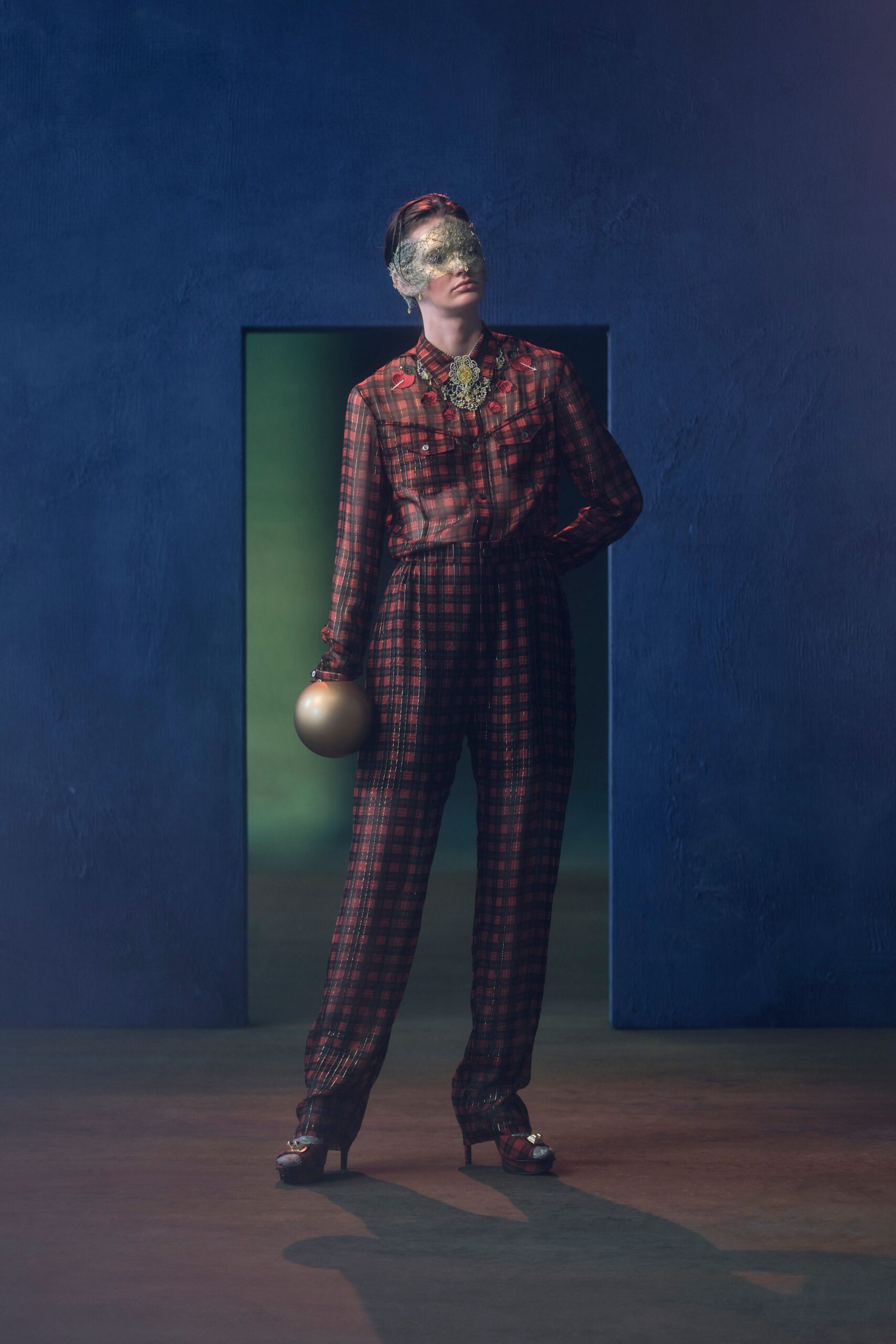 red cotton long-sleeve collared fitted checked jumpsuit
