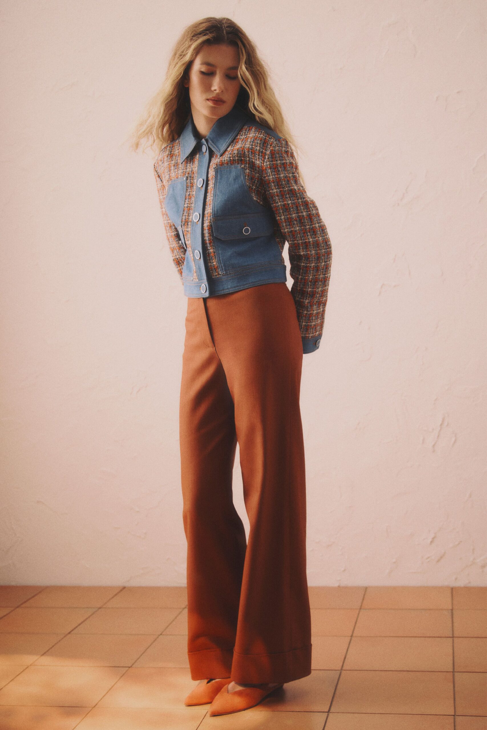 blue denim jacket brown pants