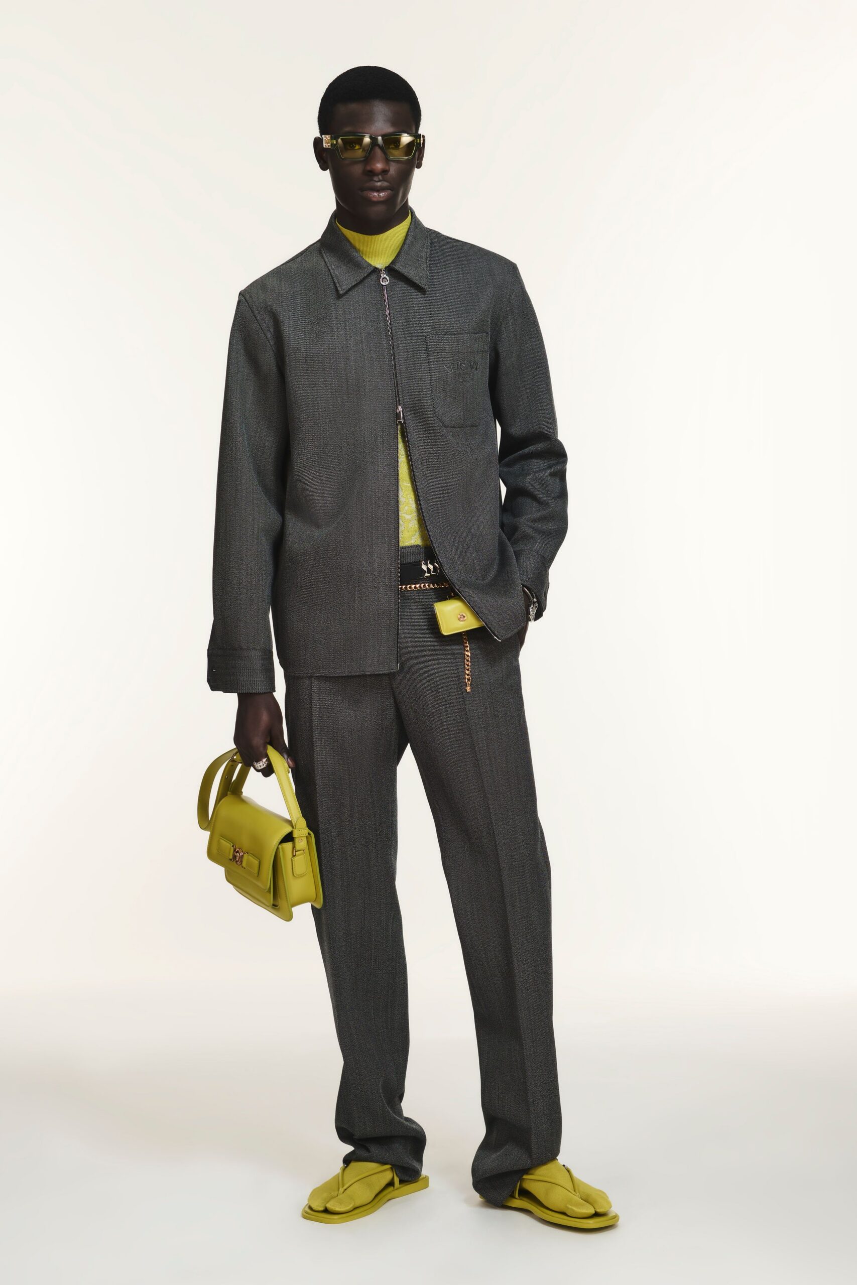 gray jacket green shirt tailored pants