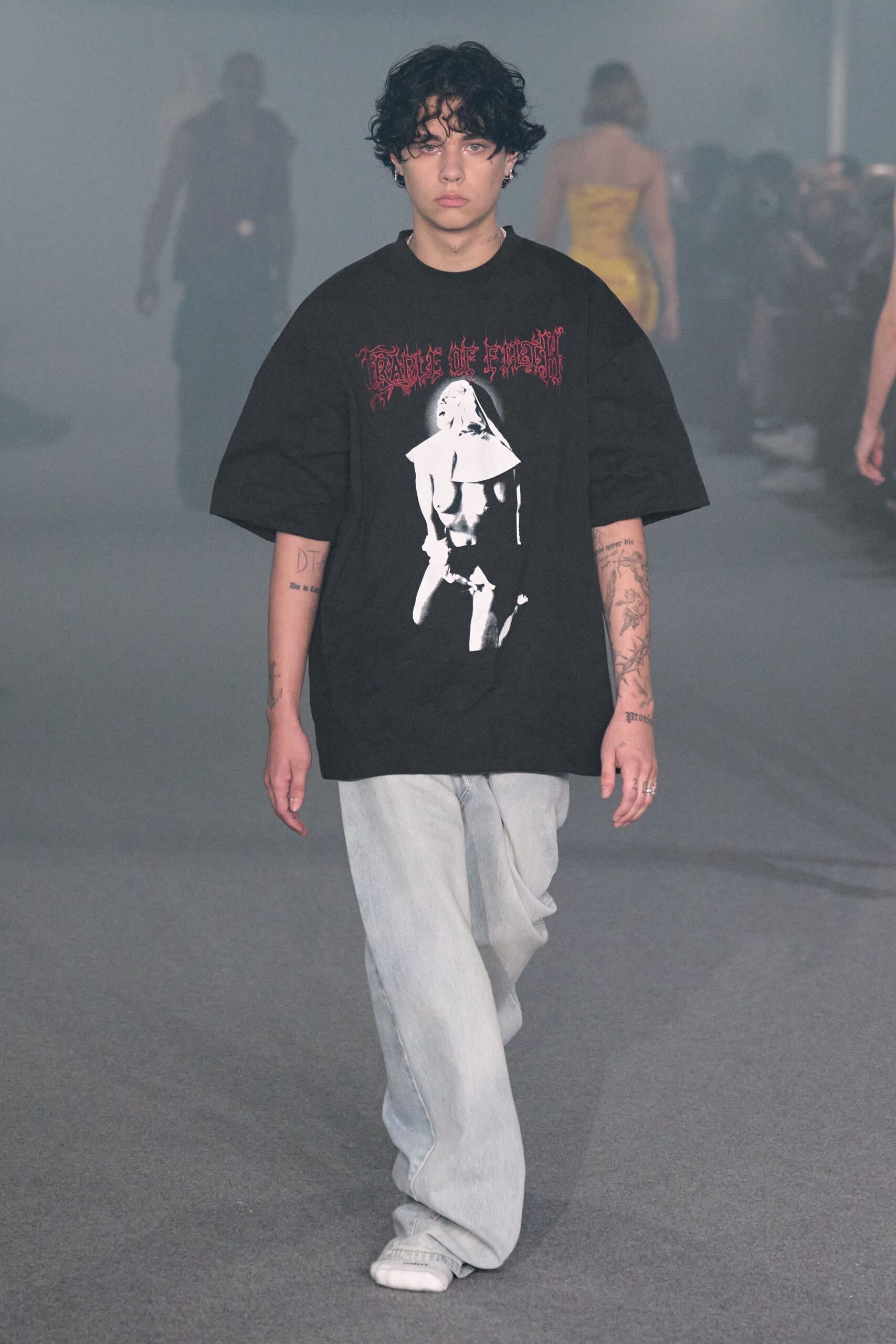 black t-shirt with printed design