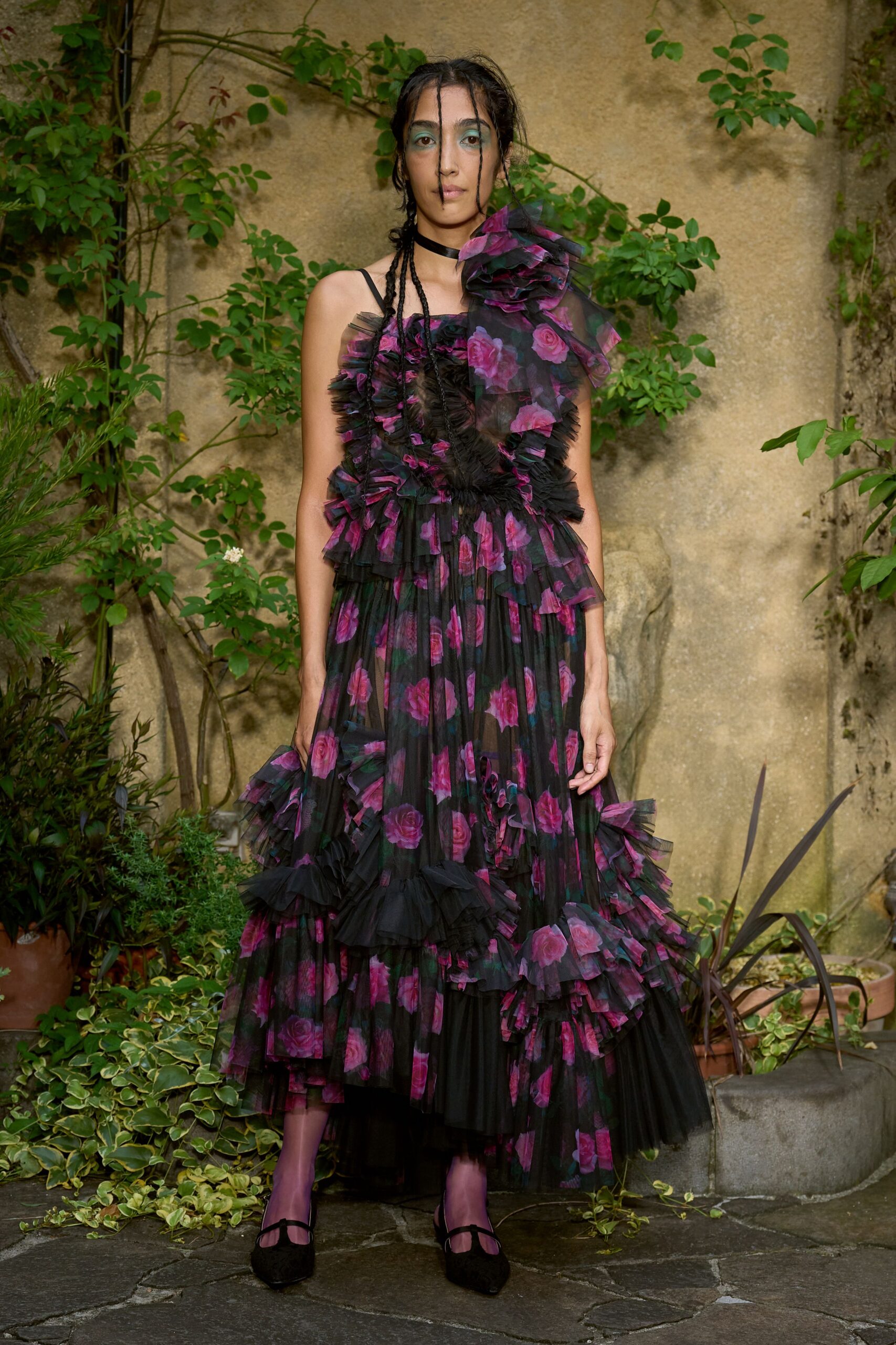 black tulle sleeveless fitted floral ruffled flowing dress