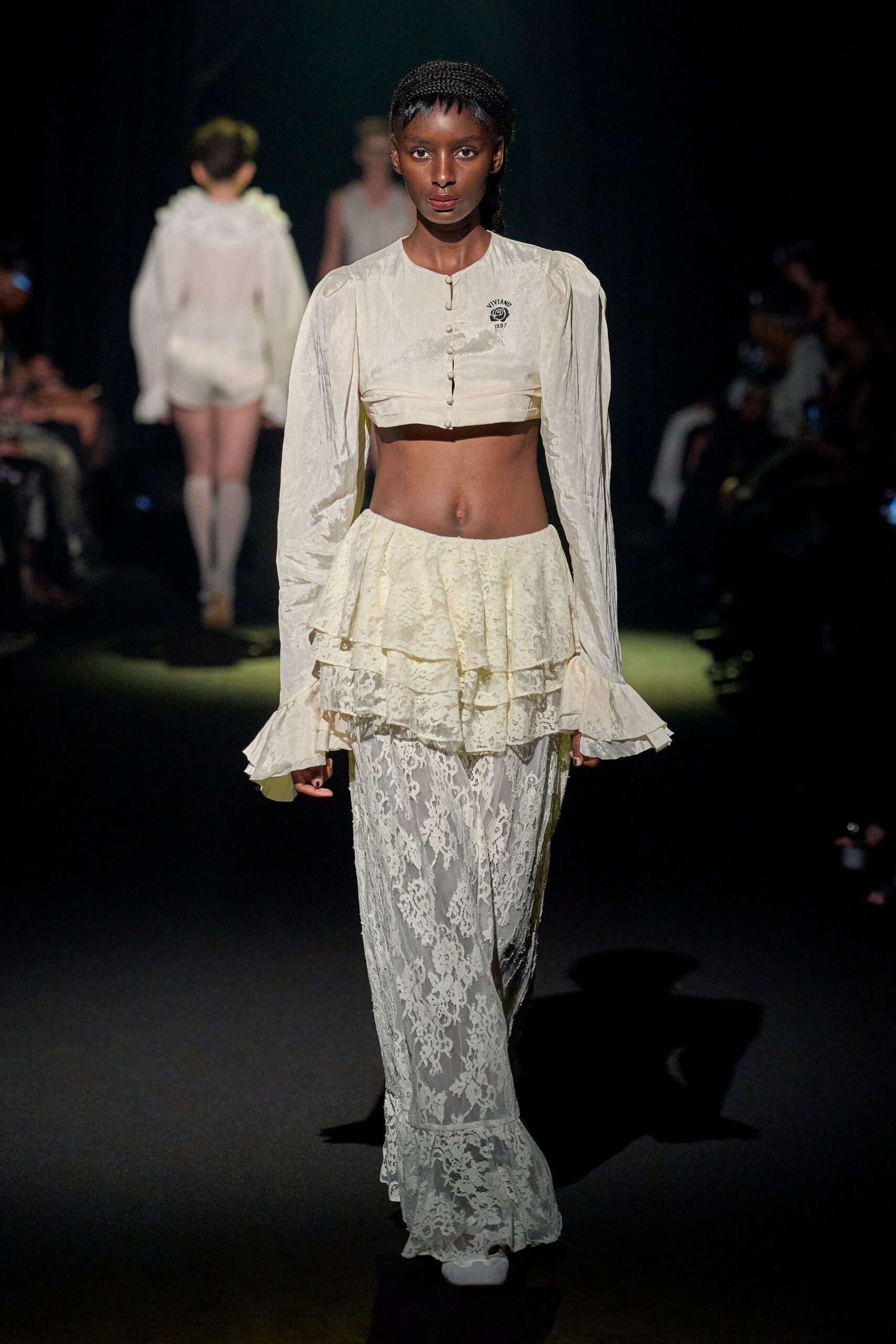 white cotton long-sleeve collared fitted ruffled top