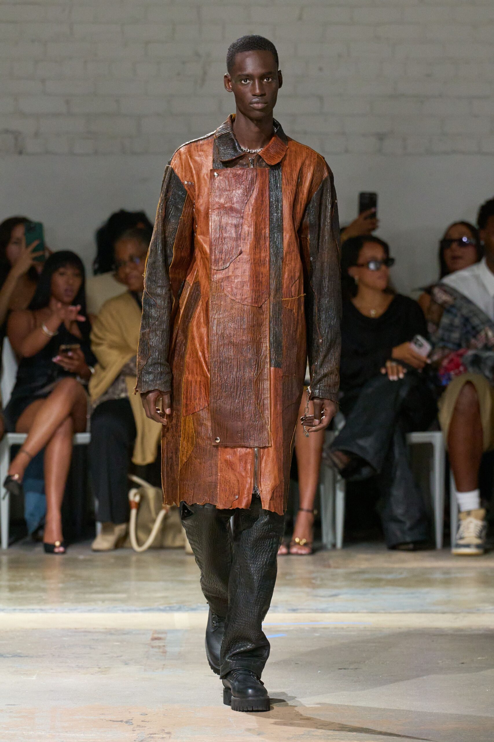brown leather long-sleeve collared relaxed layered zippered coat