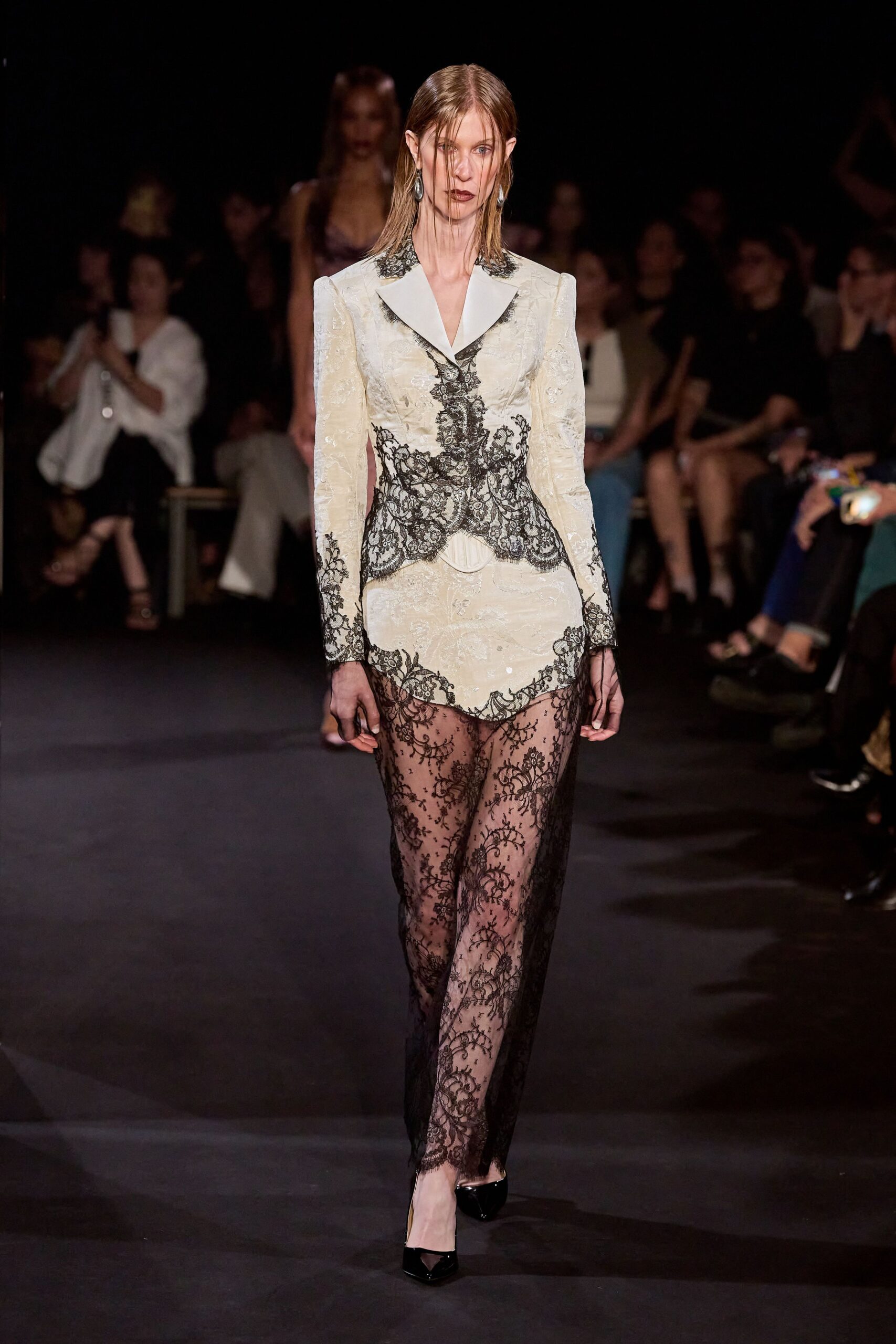 black lace long-sleeve collared fitted embroidered sheer jumpsuit