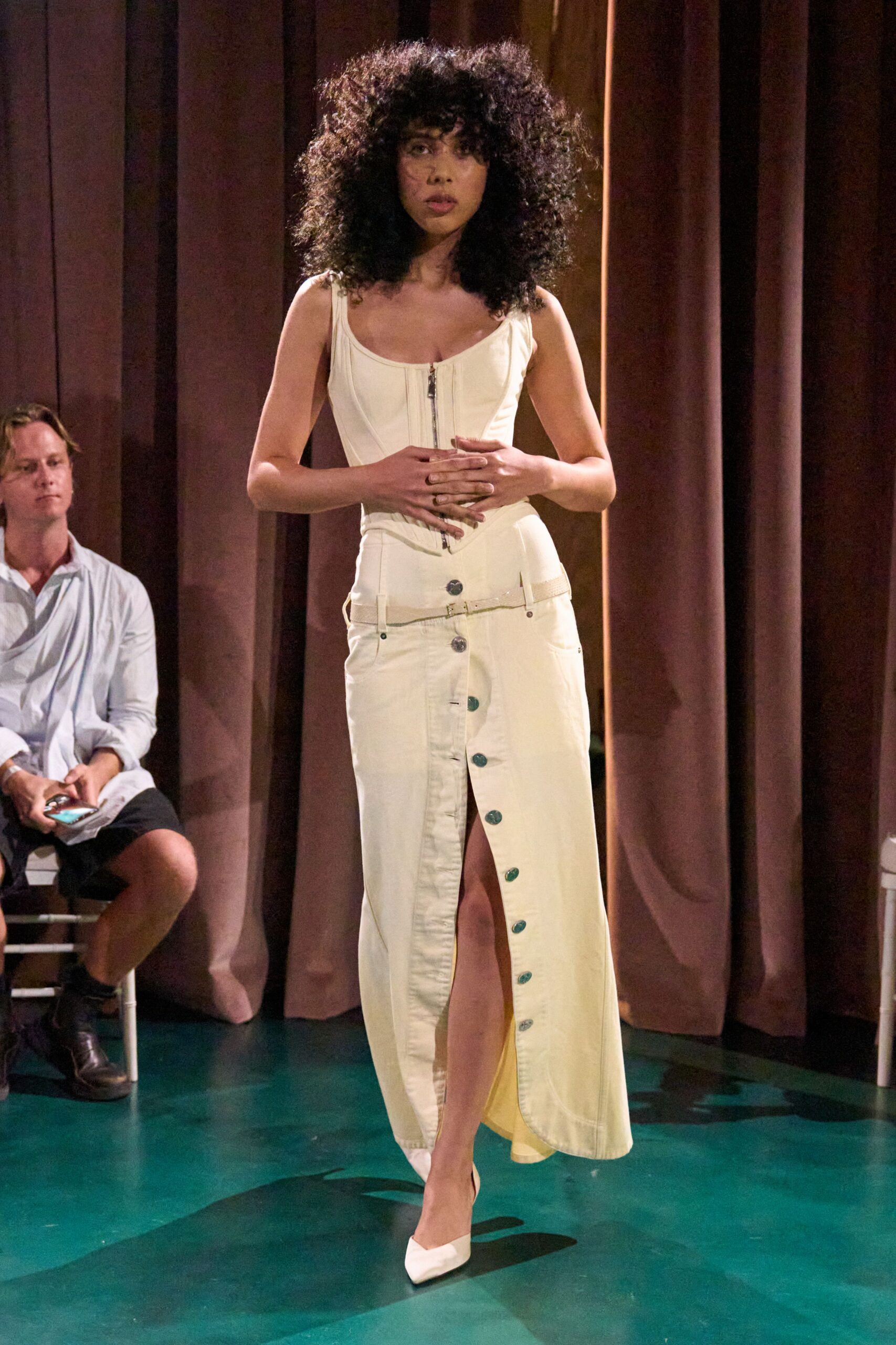 white denim sleeveless v-neck fitted buttoned straight-leg dress
