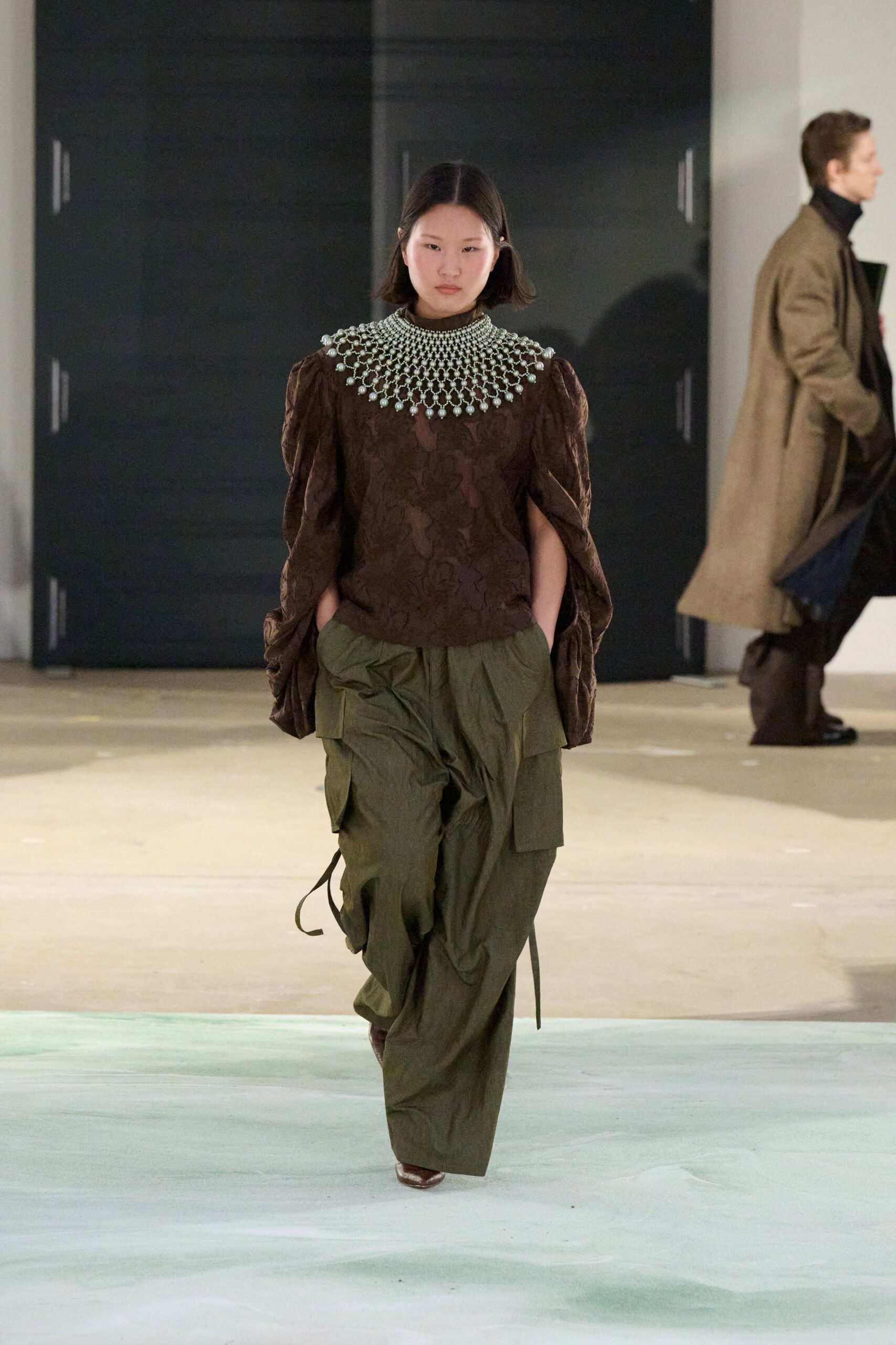 brown silk long-sleeve high-neck relaxed ruffled embroidered top